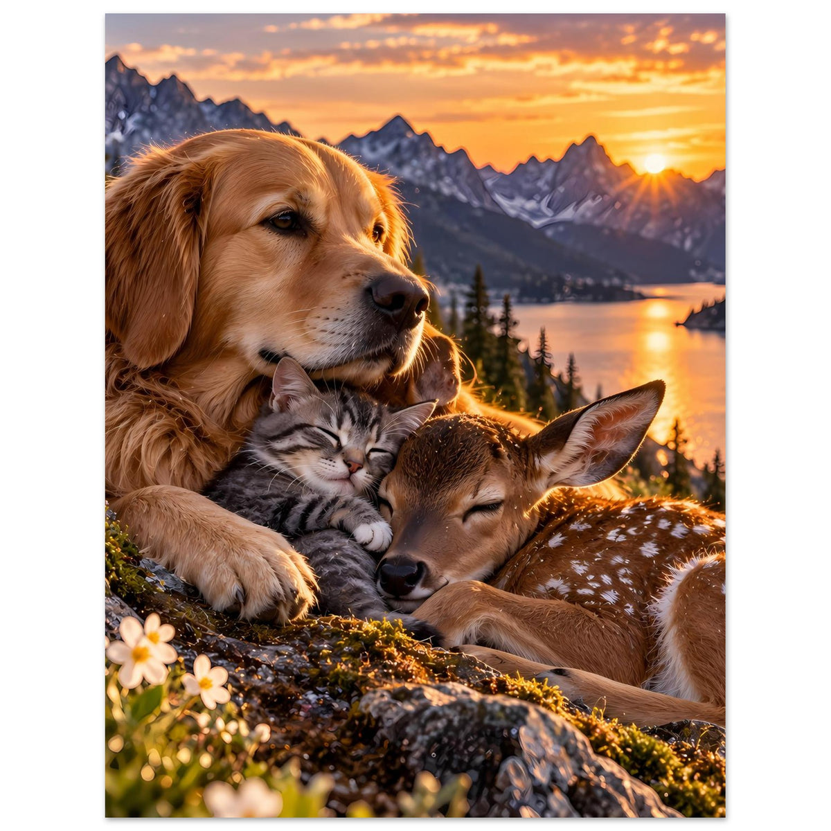 Poster (vertikal) mit goldenem Hund und Katze, neben Reh bei Sonnenuntergang