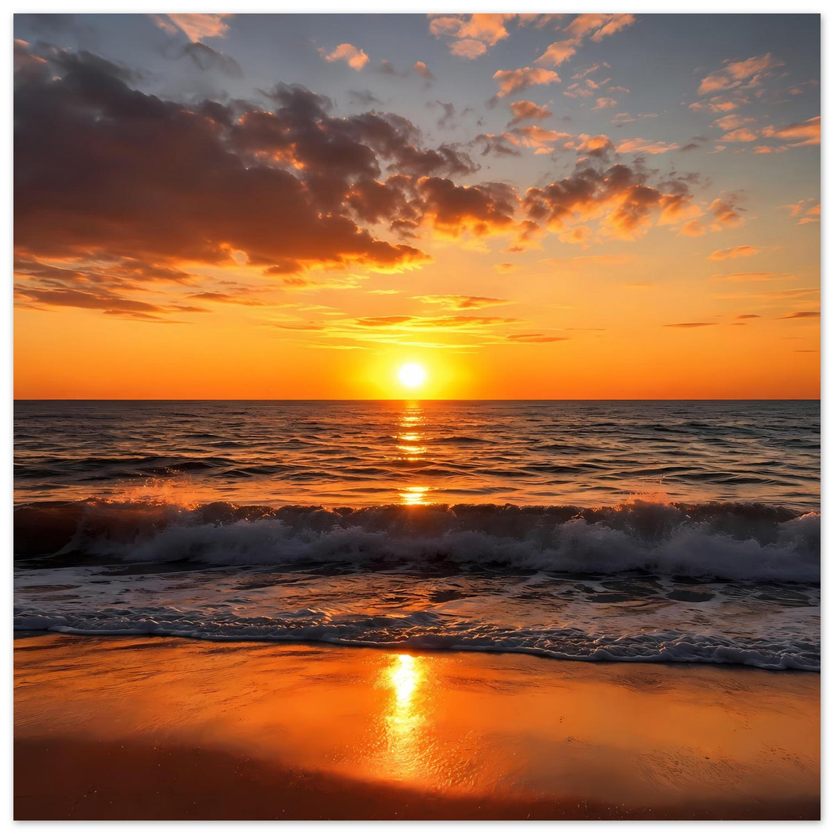Hochformat-Poster: Sonnenuntergang am Meer mit orangefarbenen Wolken und Brandung