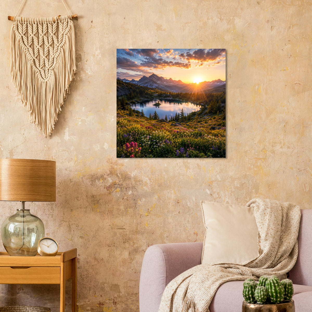 Quadratisches Poster mit Sonnenuntergang, Bergsee und bunten Blumenfeldern