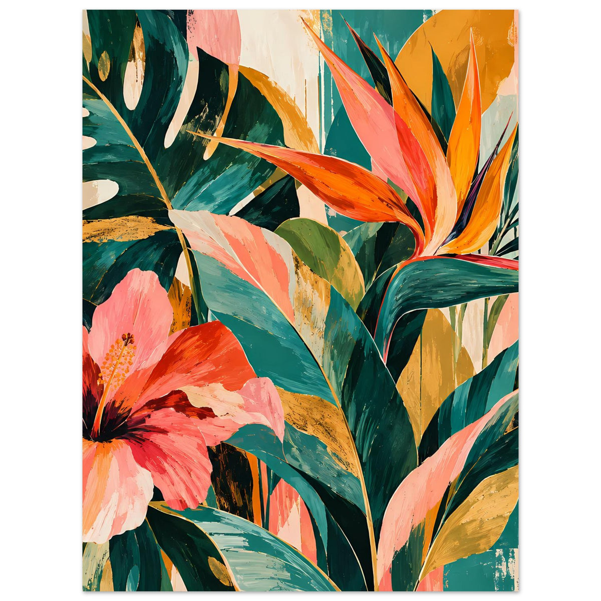 Florales Kunstposter, dichter Ausschnitt tropischer Blüten und Blätter in Orange, Grün und Pink