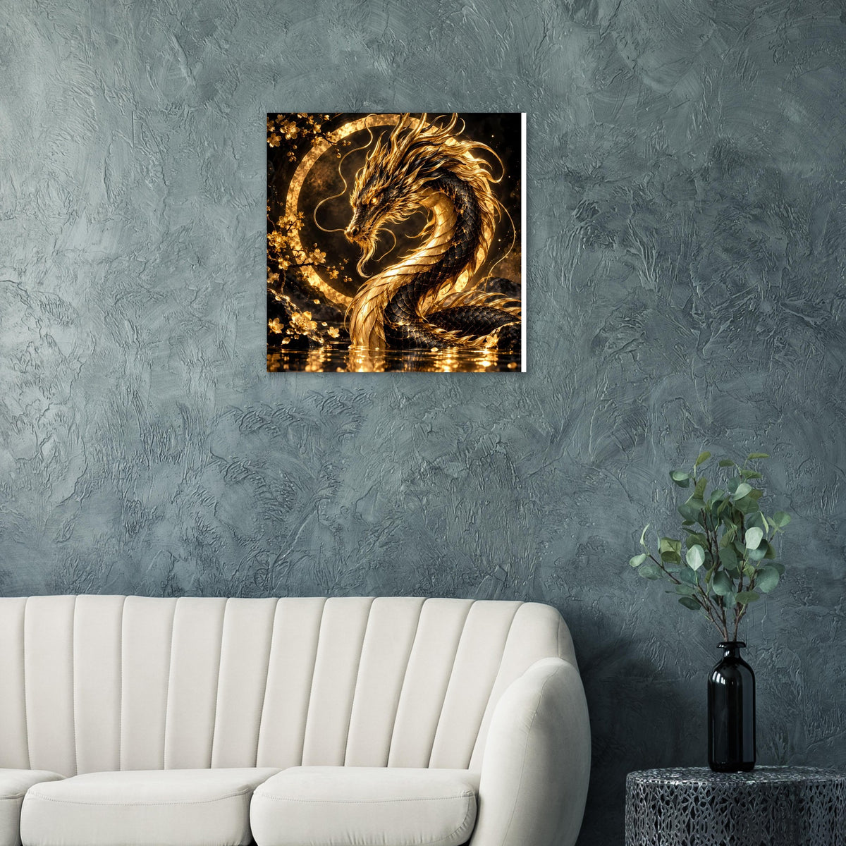 Quadratisches Poster mit goldenem Drachen, umgeben von glitzerndem Kreis