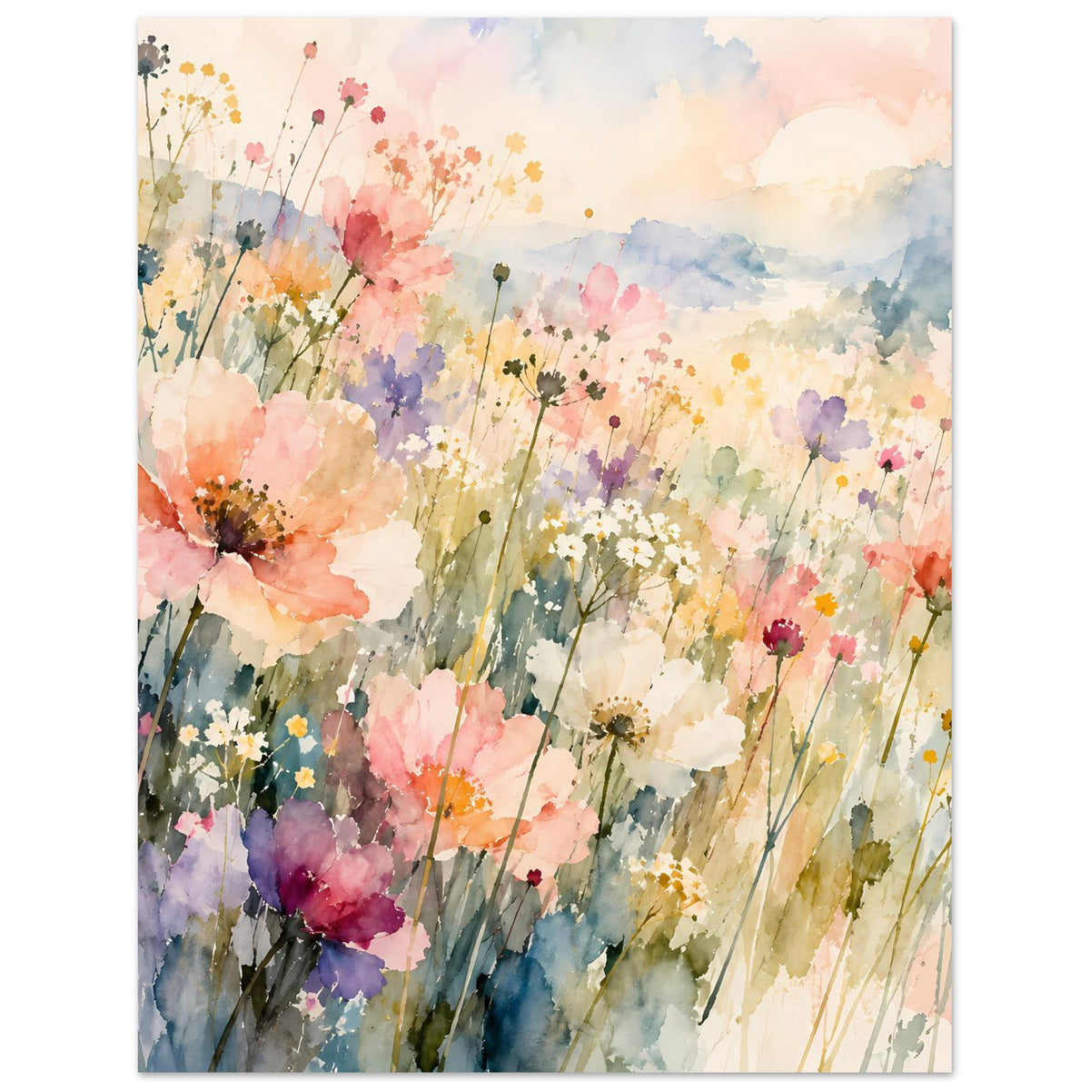 Aquarell-Poster mit Wildblumen und zarten Farbverläufen in Pastell, Stängel und Blüten