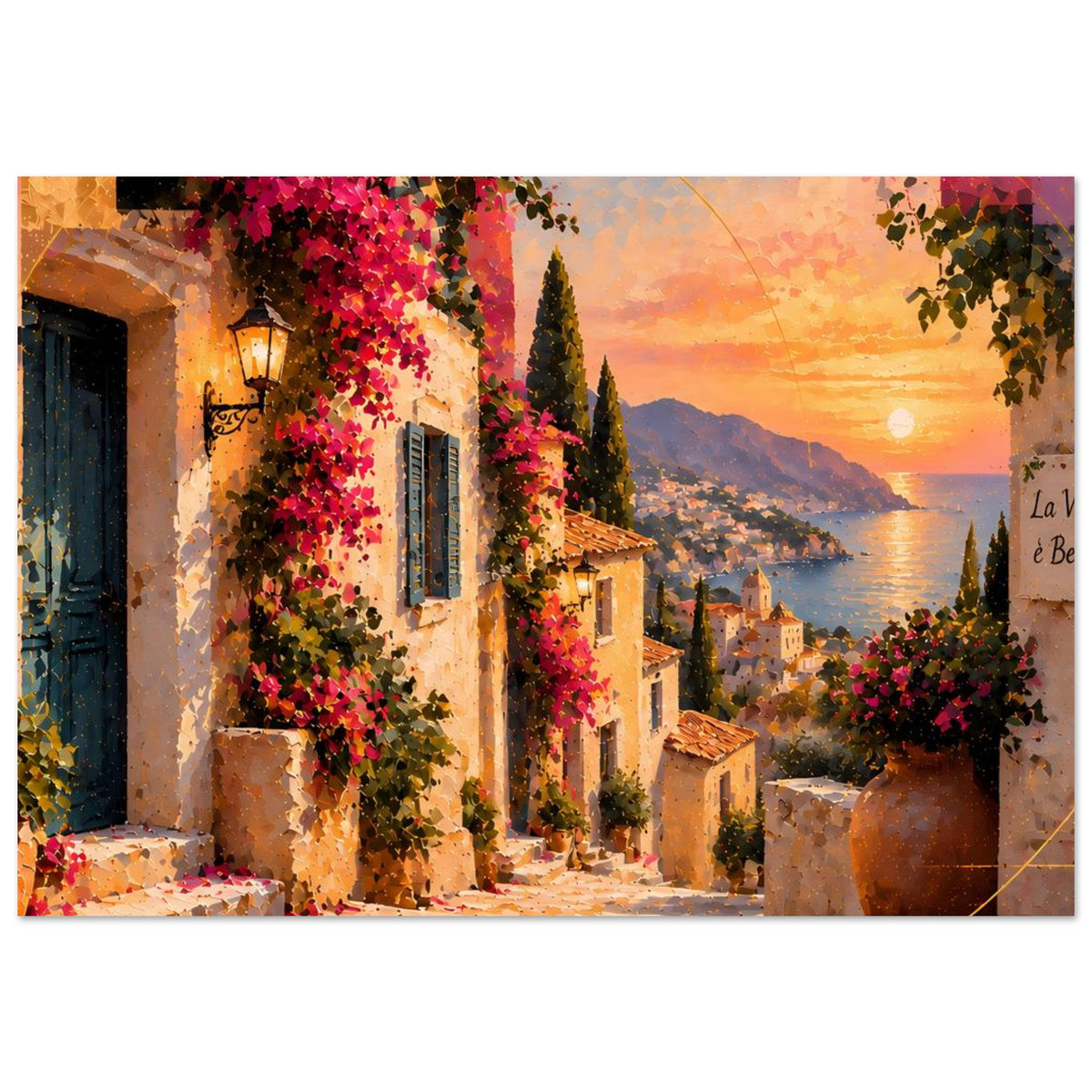 Mediterranes Sonnenuntergangs-Poster mit mediterraner Gasse, Blumen am Geländer und Meerblick
