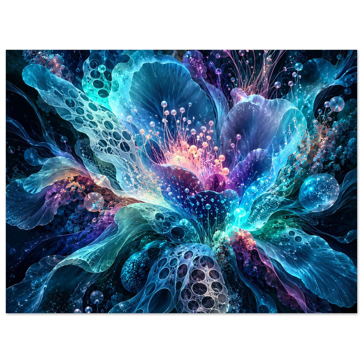 Leuchtendes Blumenposter mit digitalen Blüten in Blau- und Violetttönen und leuchtenden Partikeln
