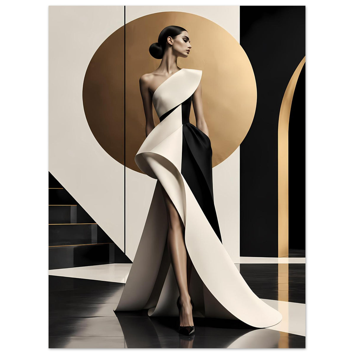 Poster mit eleganter Frau im Schwarz-Weiß-Kleid vor geometrischem Design
