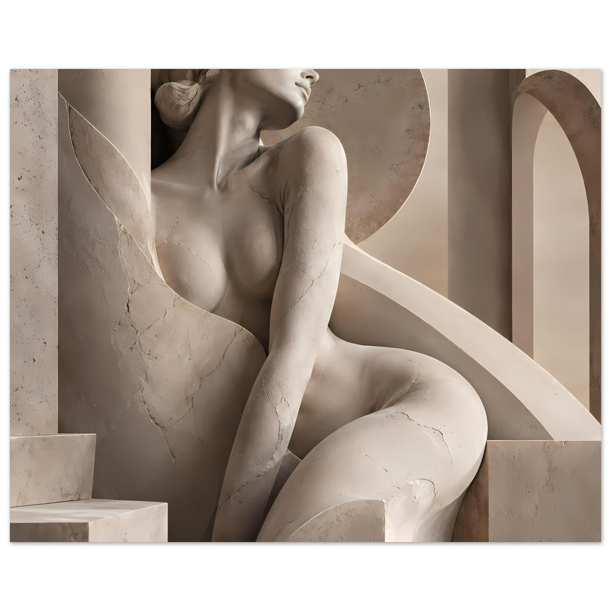 Poster im Querformat: Statue vor Säulenformen, warme Beige- und Graupaletten