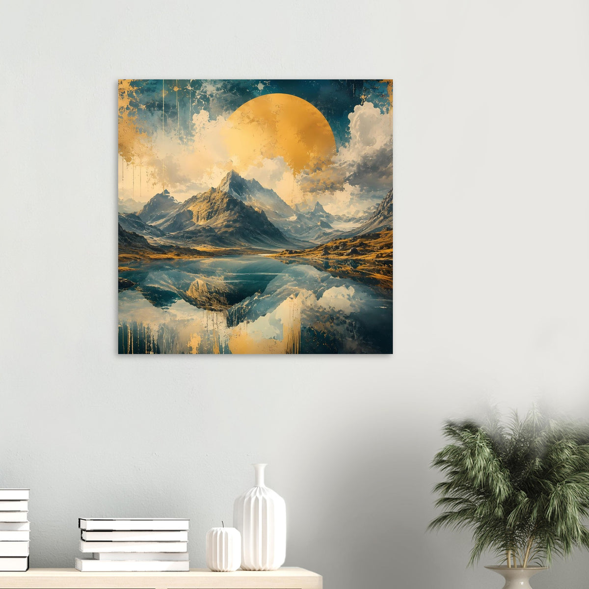 Wandposter mit Berglandschaft, Spiegelung im See, Blau-Gold-Töne und rundem Mondmotiv