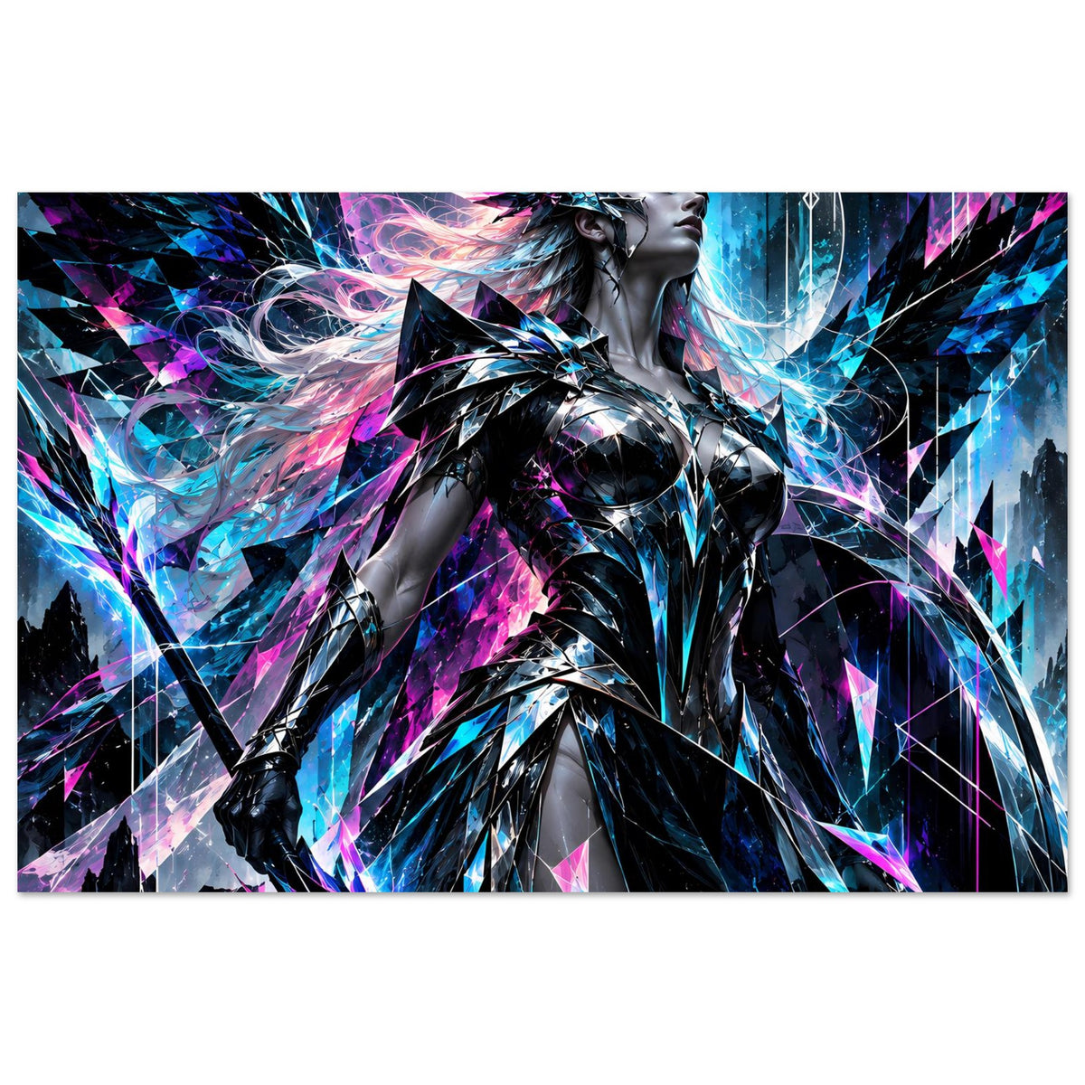 Poster im Querformat: Valkyrie in silberner Rüstung mit Neon-Blau und Pink-Glüheffekten