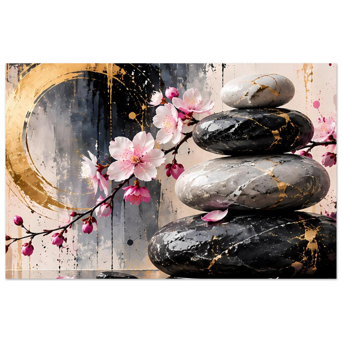 Kunstposter mit Kirschblüten, Spa-Steinen und Pinken Blütenblättern