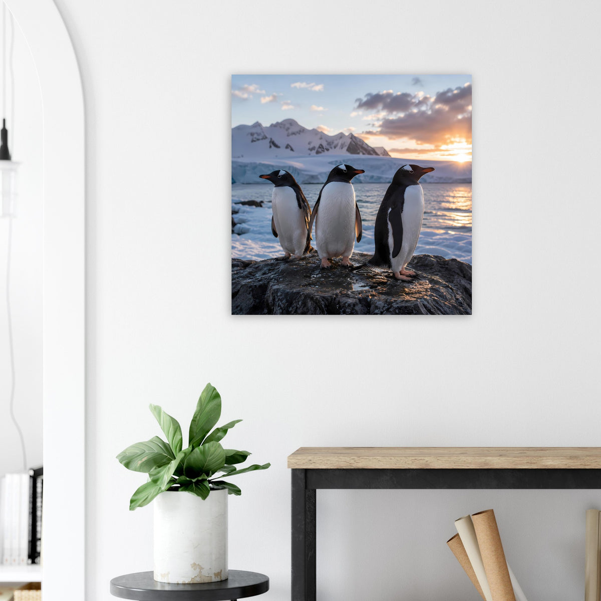 Wandposter mit drei Pinguinen auf Felsen am Meer, untergehende Sonne am Horizont