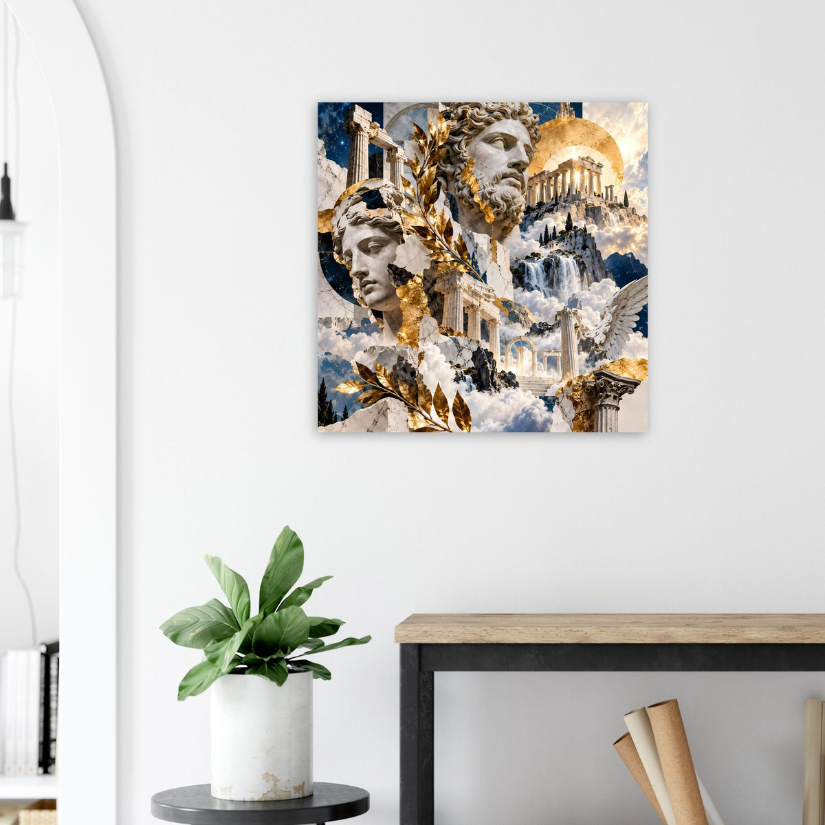 Wandposter, quadratisch: griechische Statuen, Goldornamente, Tempelarchitektur und Wolken
