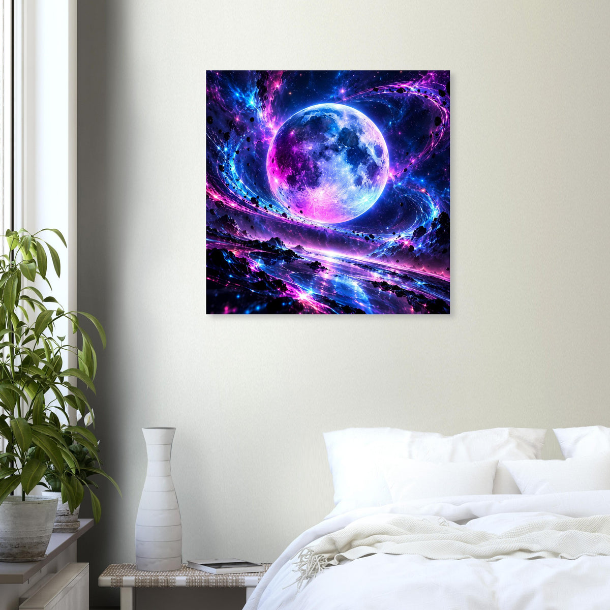 Quadratisches Galaxie-Poster mit Planet im Zentrum, leuchtend in Blau und Violett