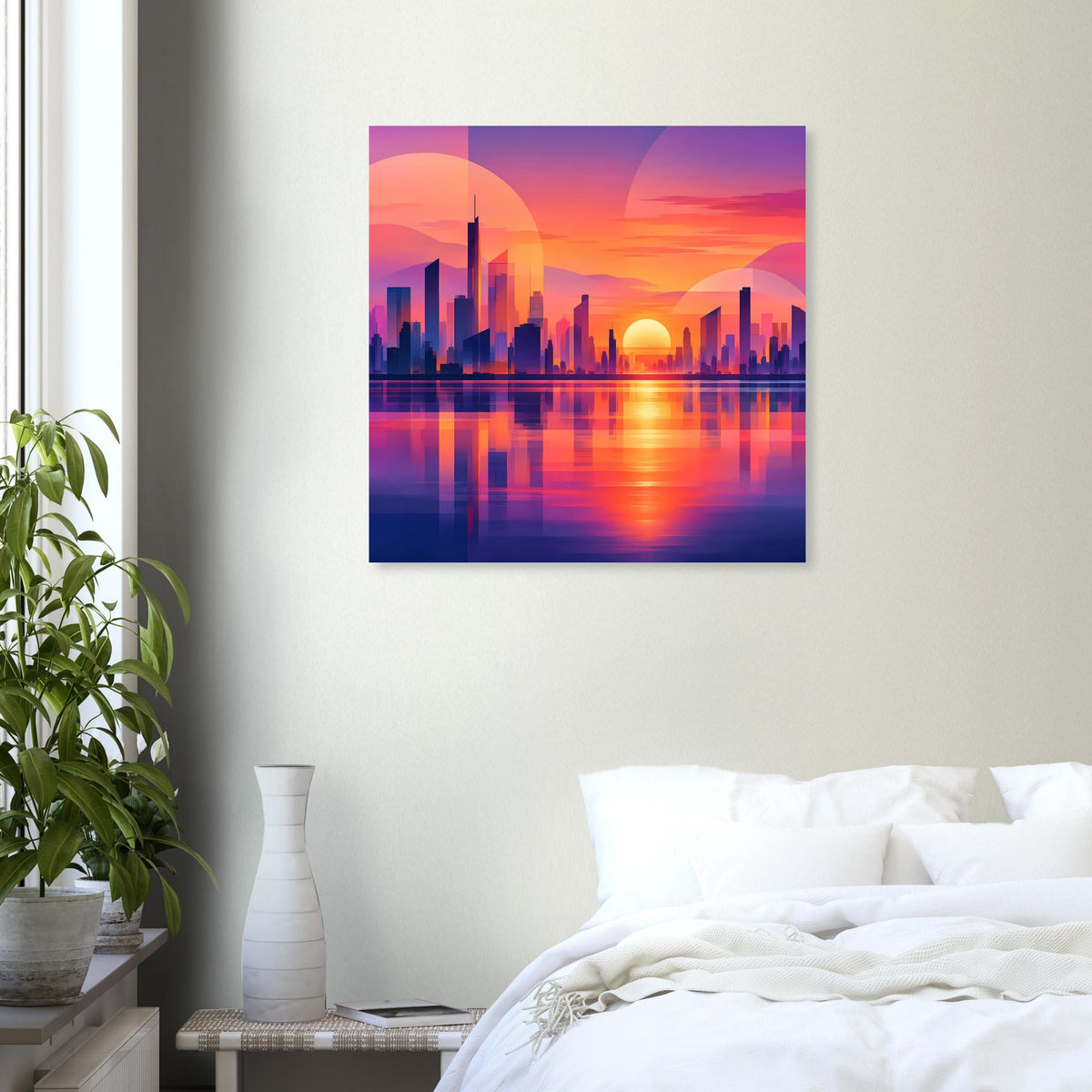 Quadratisches Stadtposter: Skyline bei Sonnenuntergang mit leuchtender Reflexion im Wasser