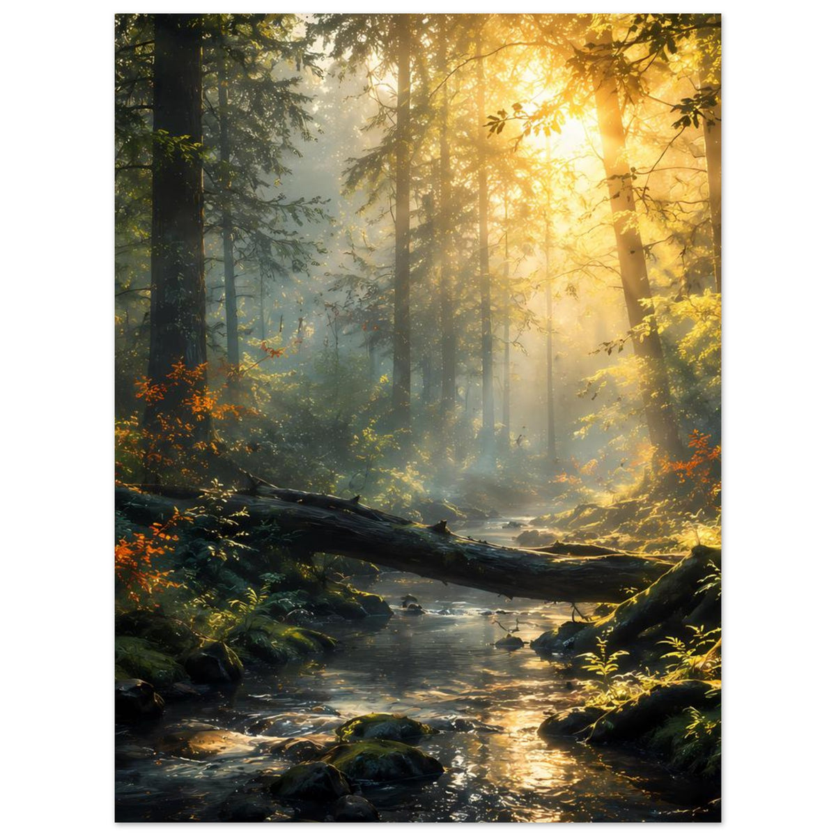 Poster im Hochformat mit Waldfluss, Moossteinen und warmen Sonnenstrahlen