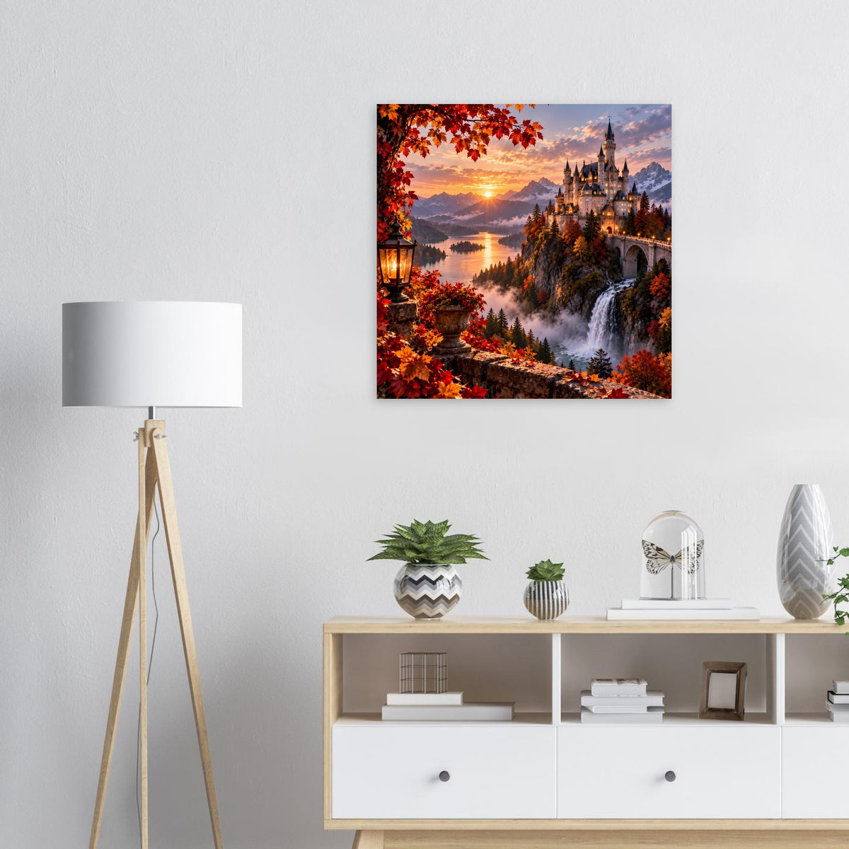 Quadratisches Poster mit beleuchtetem Schloss, Wasserfall und Herbstfarben, matte Oberfläche