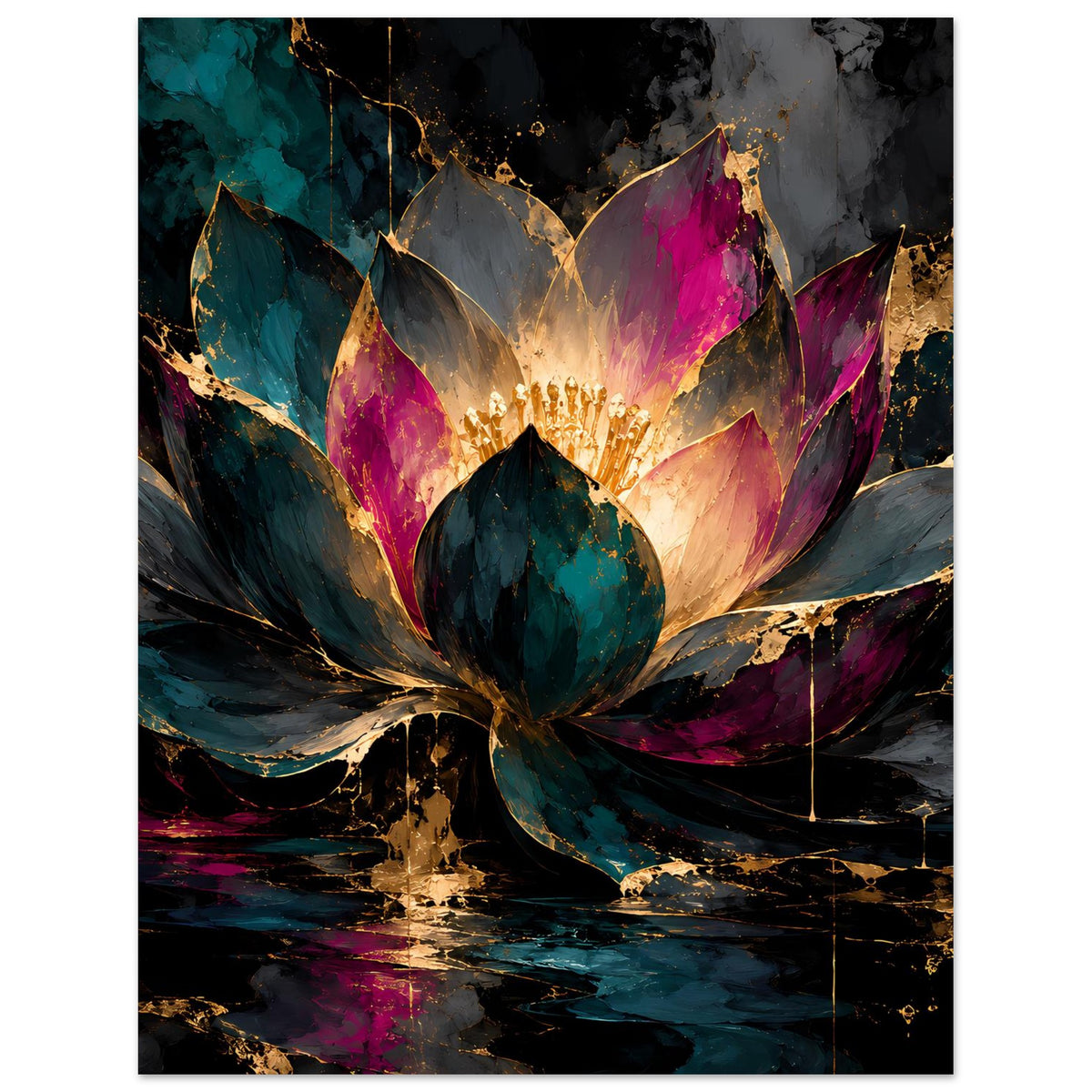 Quadratisches Kunstposter mit leuchtender Lotusblüte und farbigen Blättern in Goldglanz