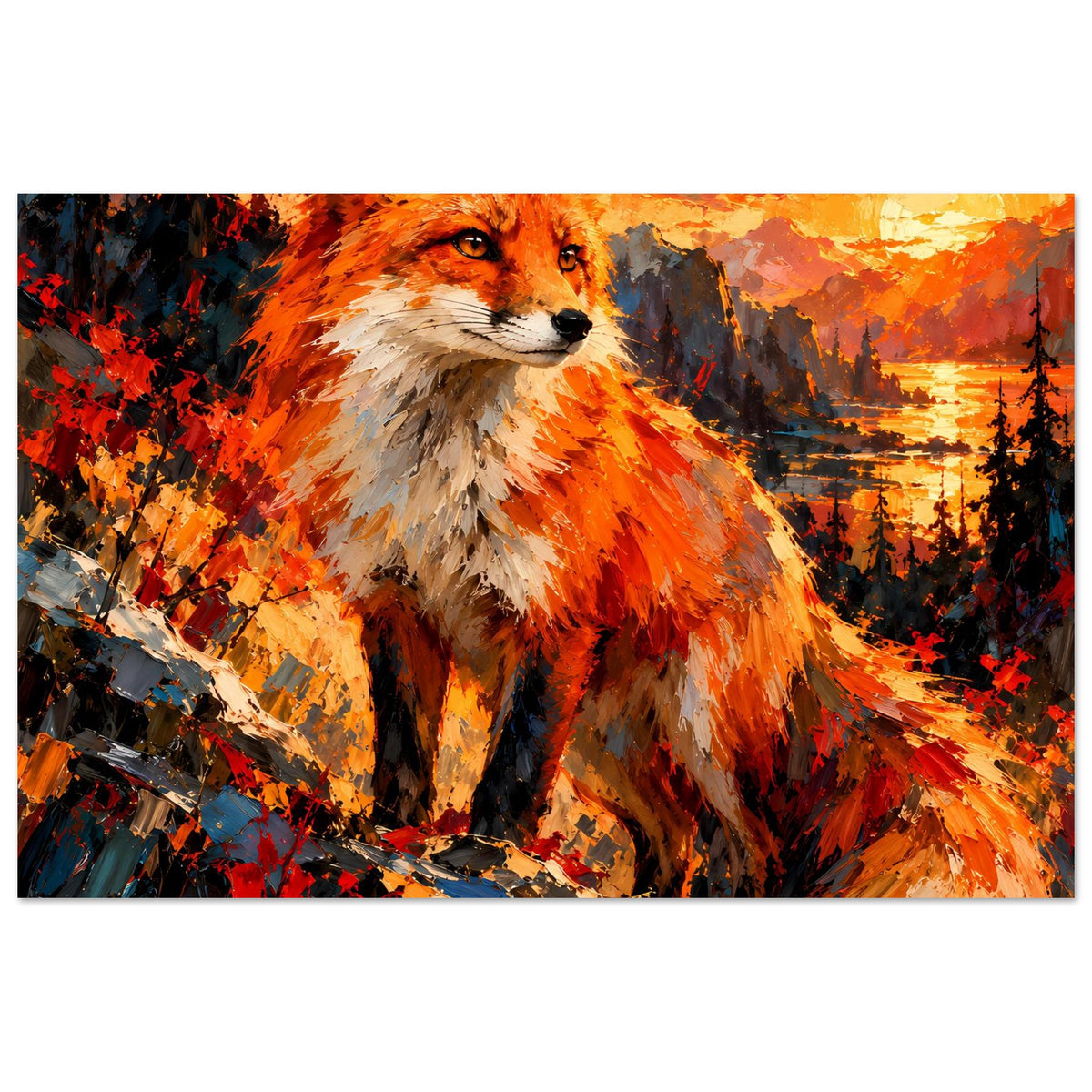 Fuchs-Kunstposter mit orangebraunem Fell, weißem Schnauzenbereich und dynamischem Pinselstrich