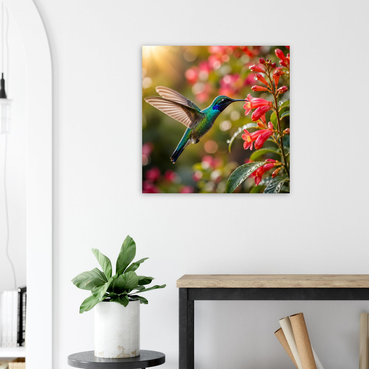 Quadratisches Poster mit Kolibri am Blütenzweig mit roten Blüten