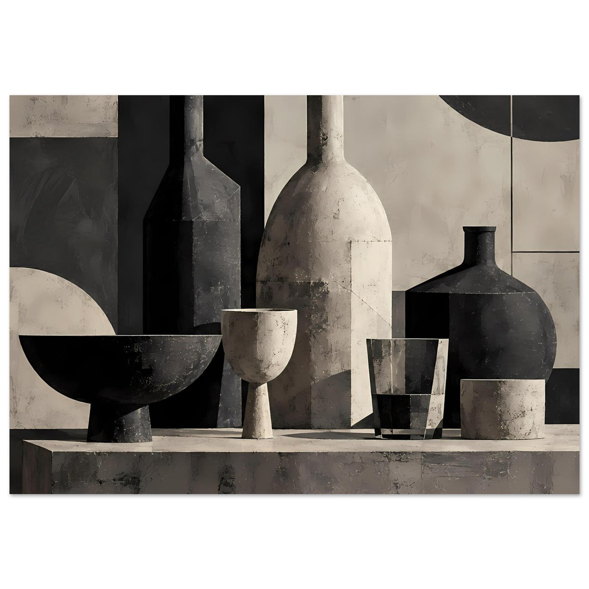 Poster, monochrome Stillleben-Druckgrafik: dunkle und helle Flaschen, Schalen und Becher