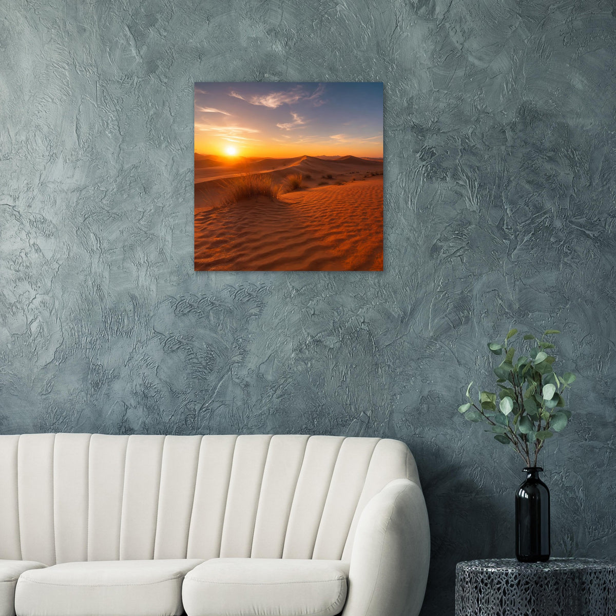Quadratisches Poster mit Sonnenuntergang über Sanddünen, goldener Himmel und warme Schatten