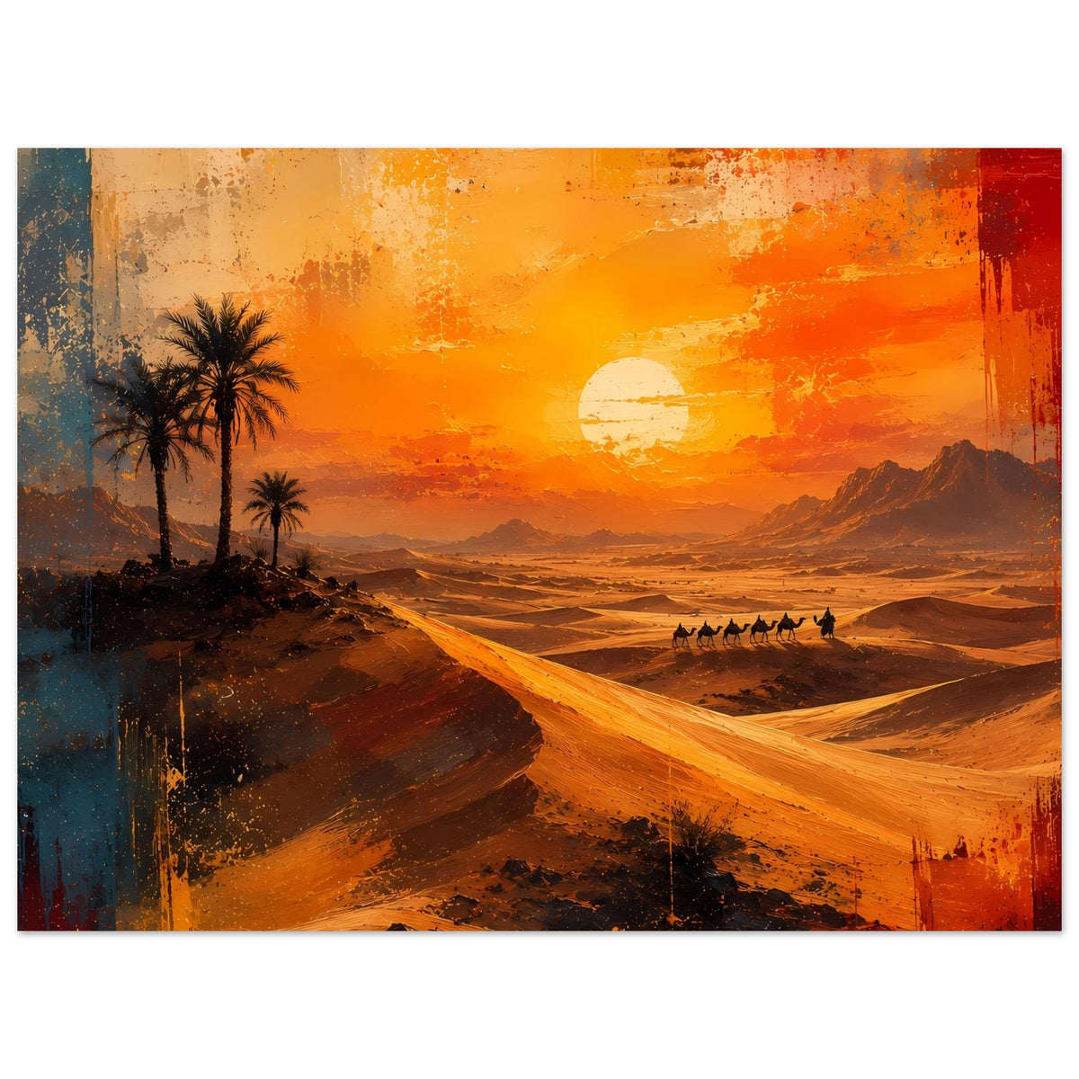 Poster mit Wüstenlandschaft: Palmen links, Karawane und untergehende Sonne