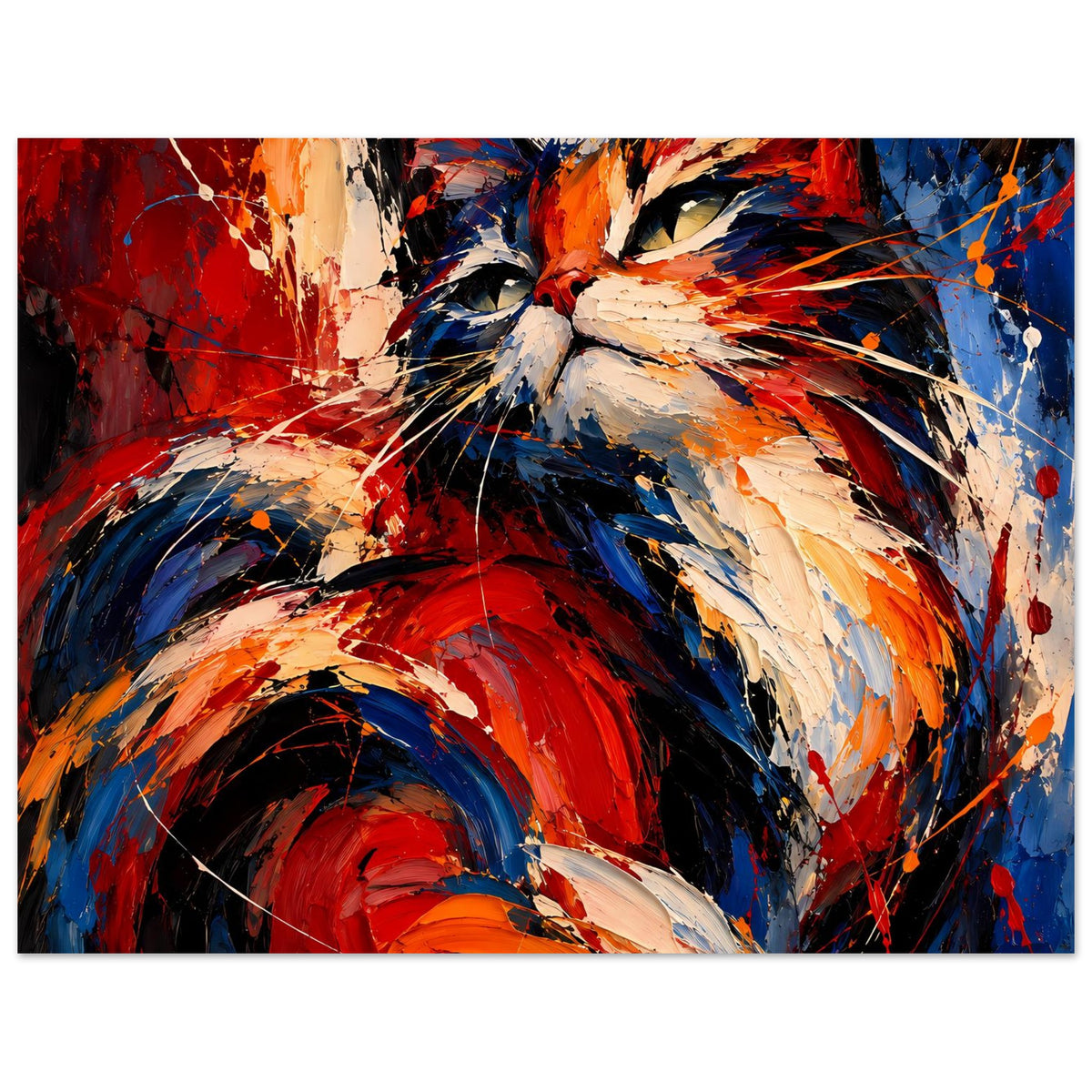 Katzenportrait-Poster mit expressiven Pinselstrichen in Rot, Blau, Orange und Beige