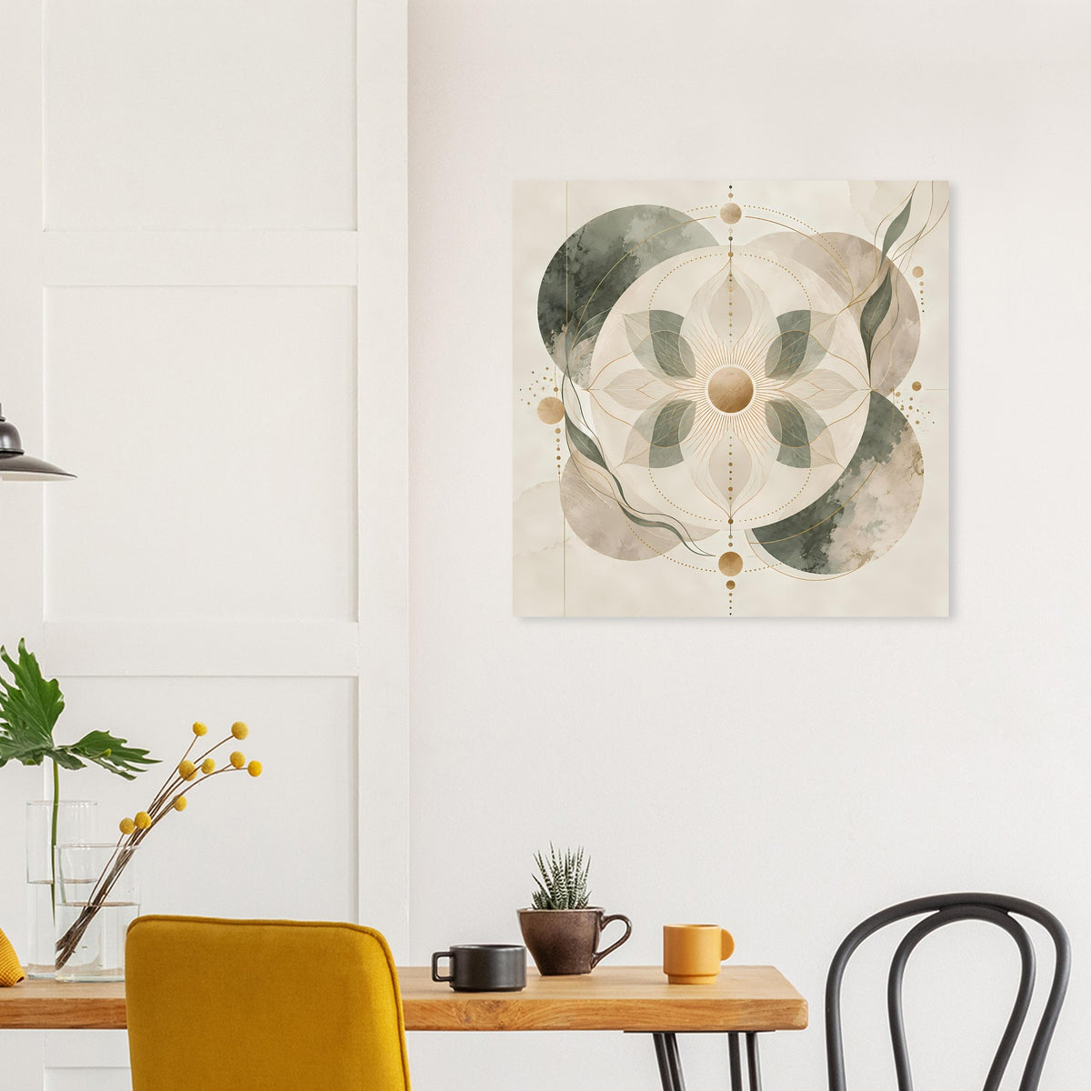 Quadratisches Zen-Mandala-Poster mit zentralem Kreis, Beige/Grün und goldenen Linien