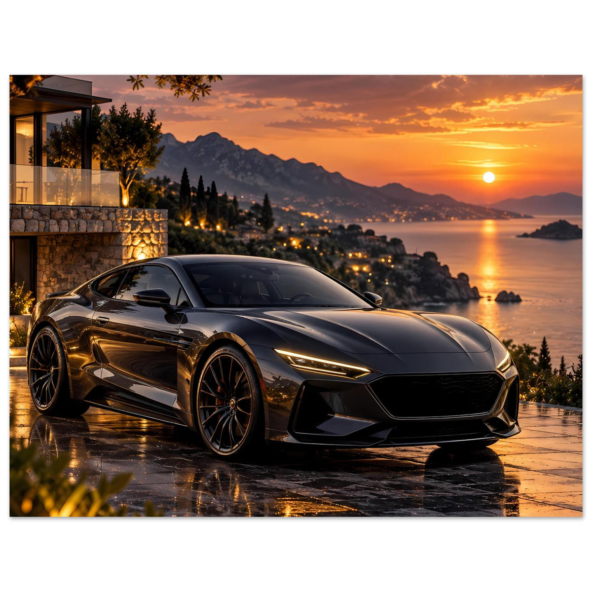 Sonnenuntergangs-Poster mit schwarzem Sportwagen und warmen Lichtakzenten am Abendhimmel