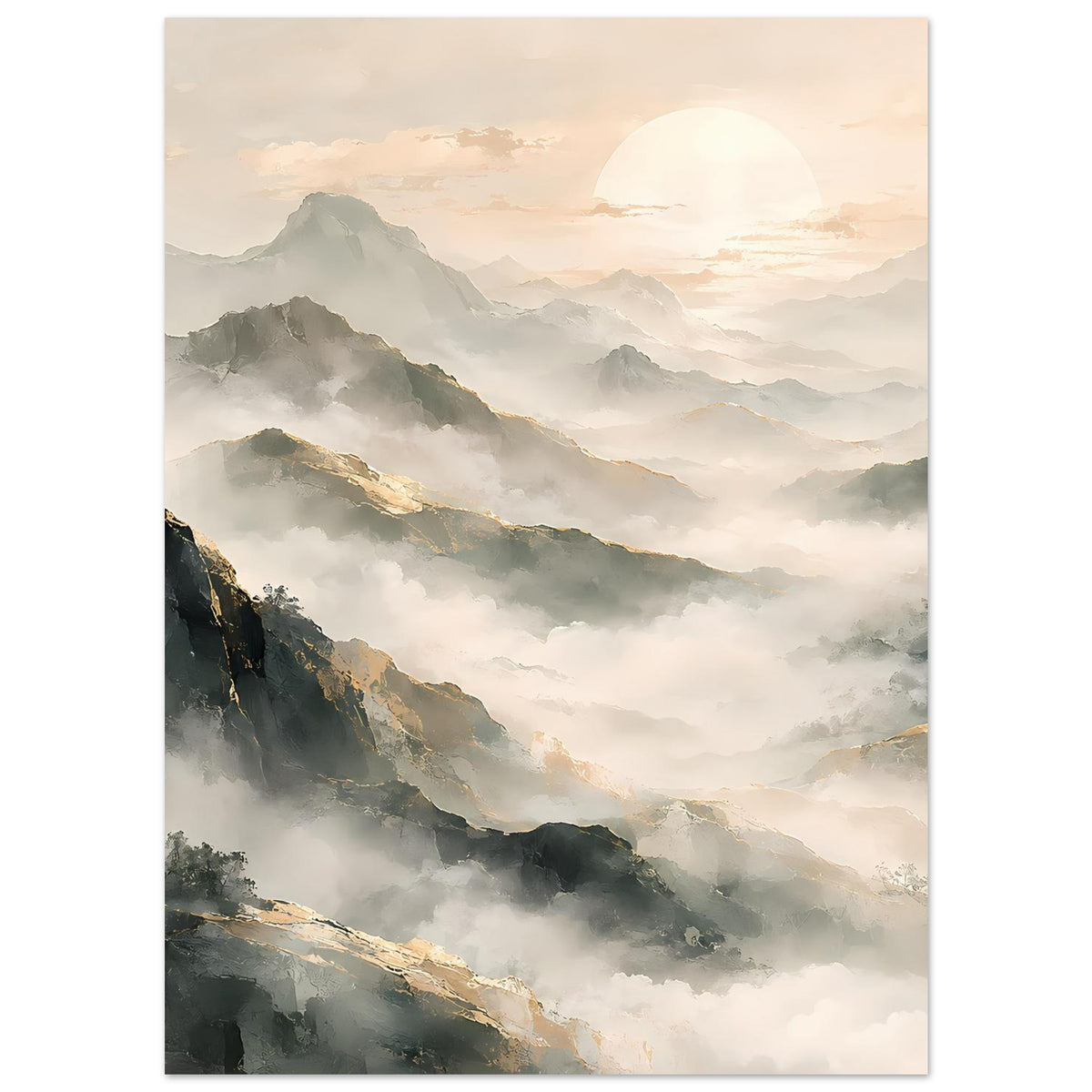 Bergpanorama-Poster im Hochformat: sanfte Pastellfarben, neblige Berge, glühende Sonne.