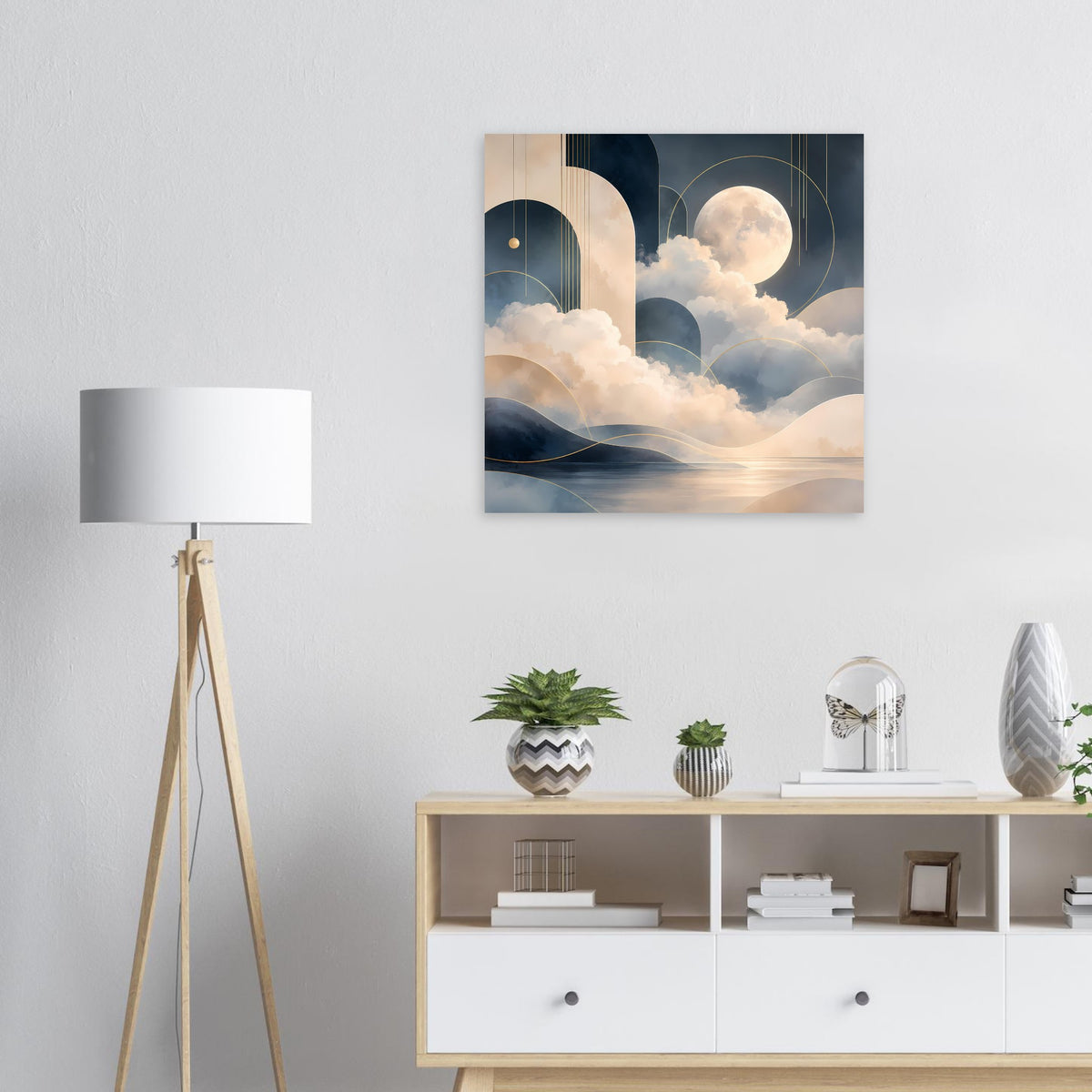 Abstraktes Mondlandschafts-Poster mit goldenen Akzenten, Himmelsmotiv auf quadratischer Leinwand