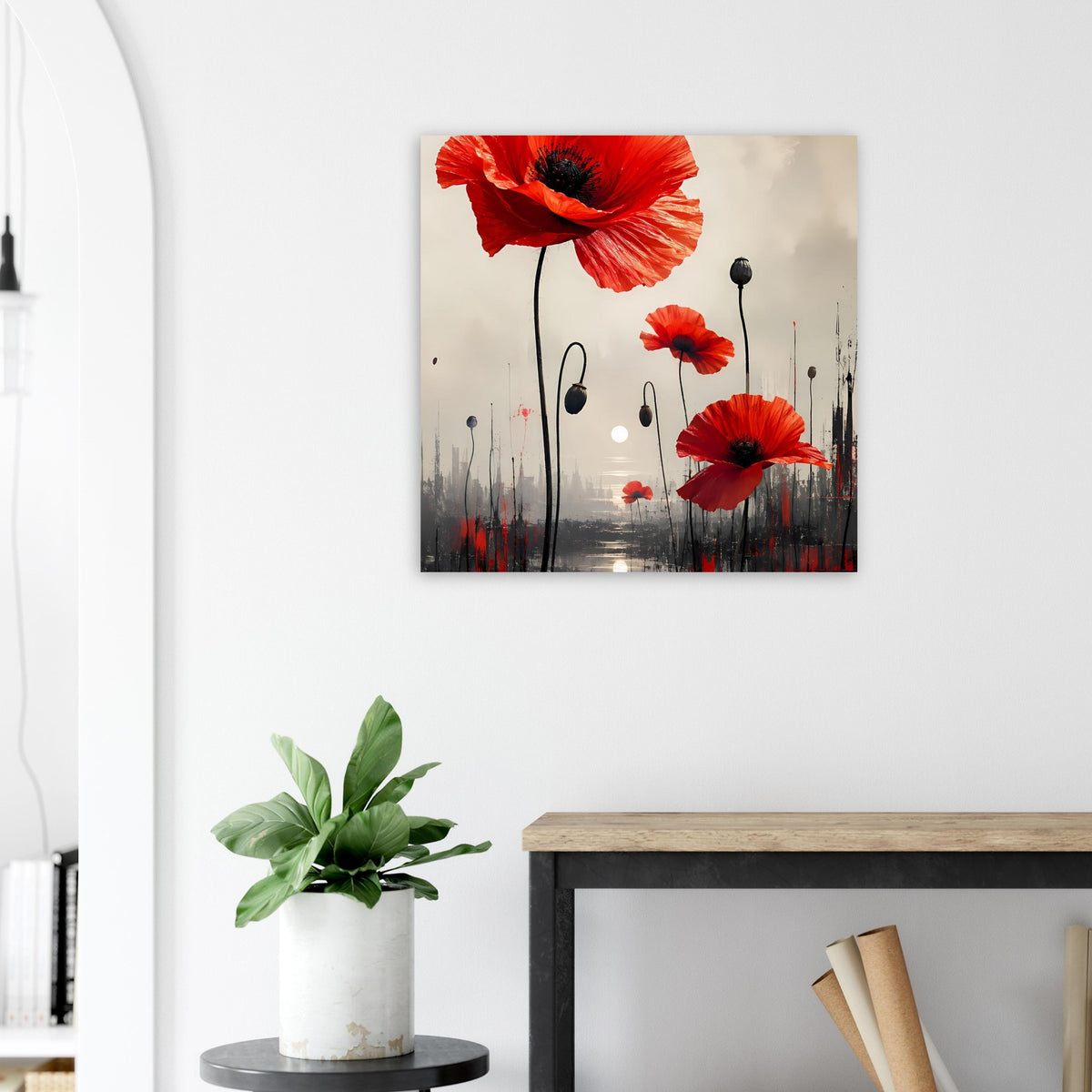 Kleines abstraktes Blumenposter mit roten Mohnblumen und schwarzen Stielen