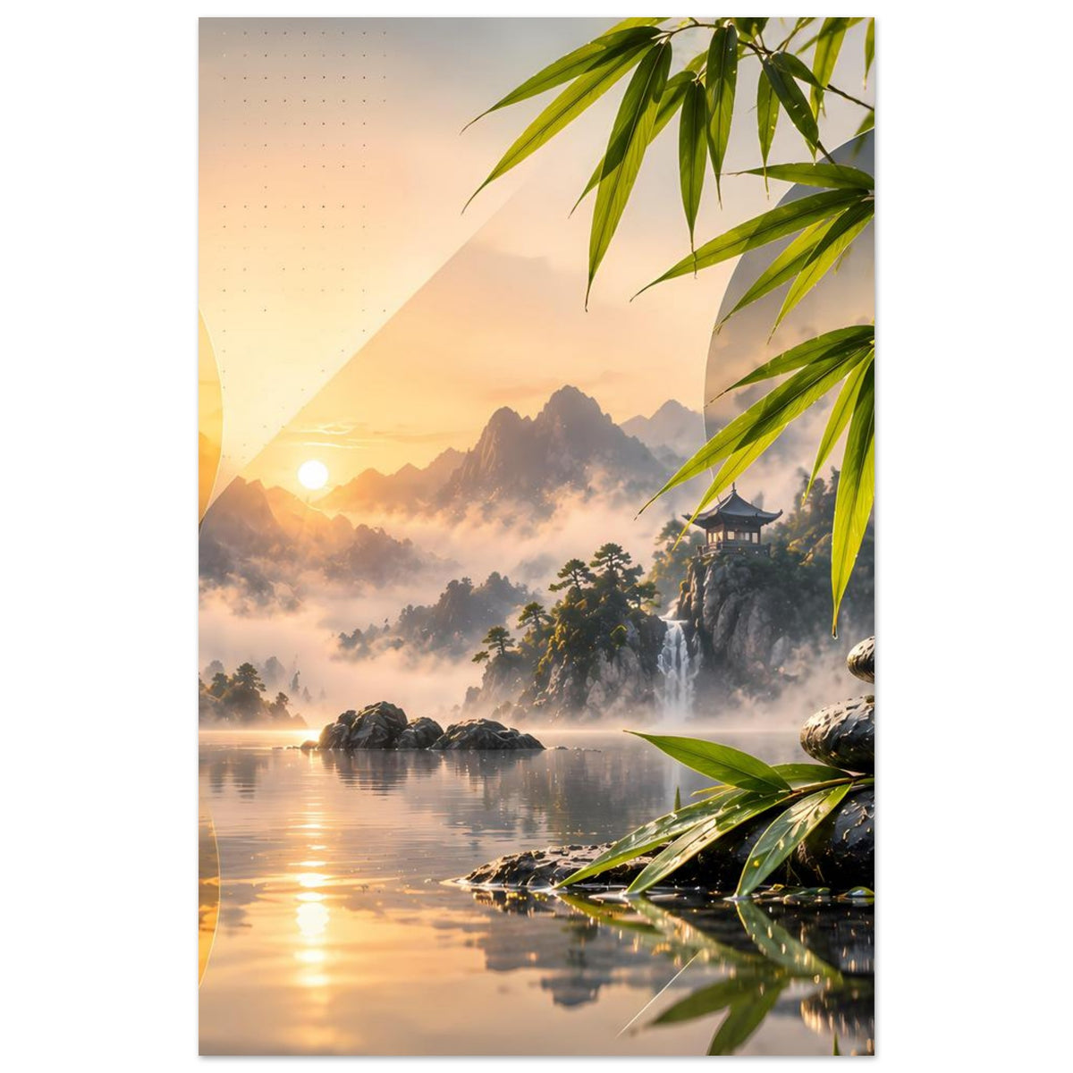 Zen-Bergsee-Poster, vertikal: Bambusblätter am oberen Rand, Berge über Nebel, See im Vordergrund