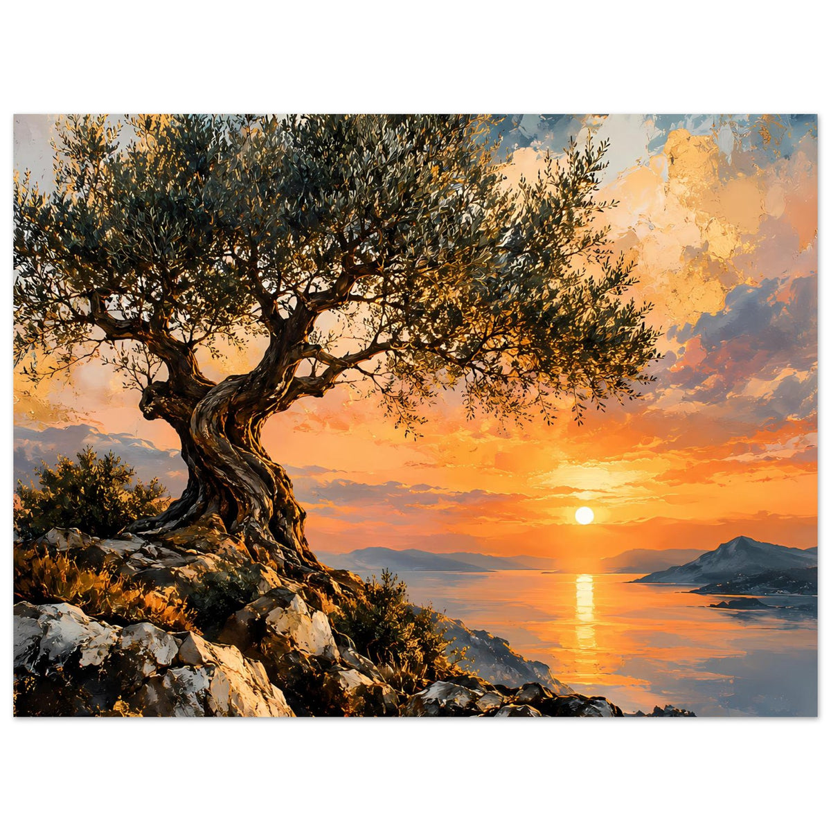 Poster: Olivenbaum auf Felsen mit orangefarbenem Himmel und Wasserreflex