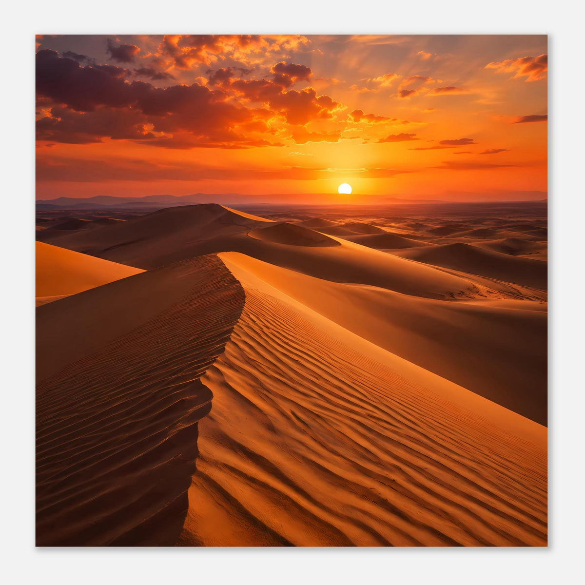 Quadratisches Poster mit Wüstendünen, orangefarbener Sonnenuntergang und weite Sandflächen