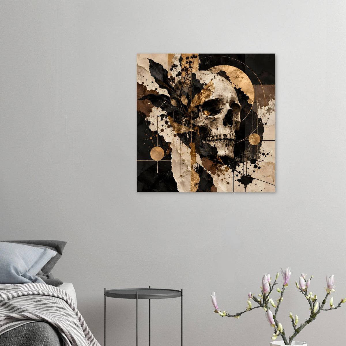 Kunstposter Totenschädel Schwarz-Gold mit goldenen Kreisen, Blattzweigen und Spritzdekor