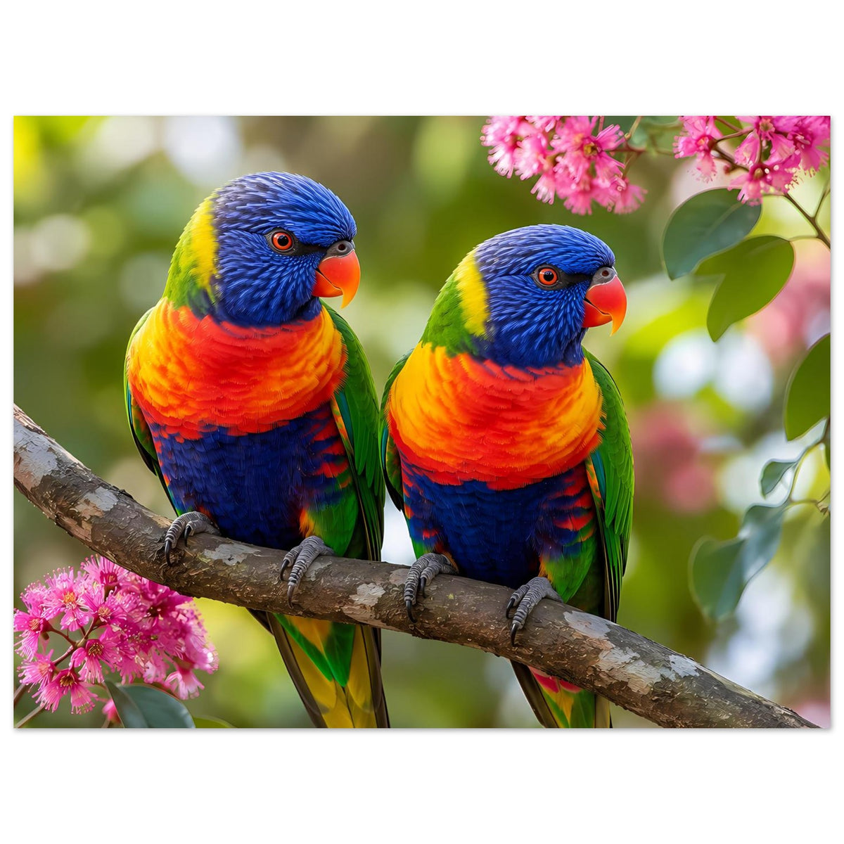 Poster mit zwei Regenbogenlori auf Ast, blau-orange Gefieder, rosafarbene Blüten oben