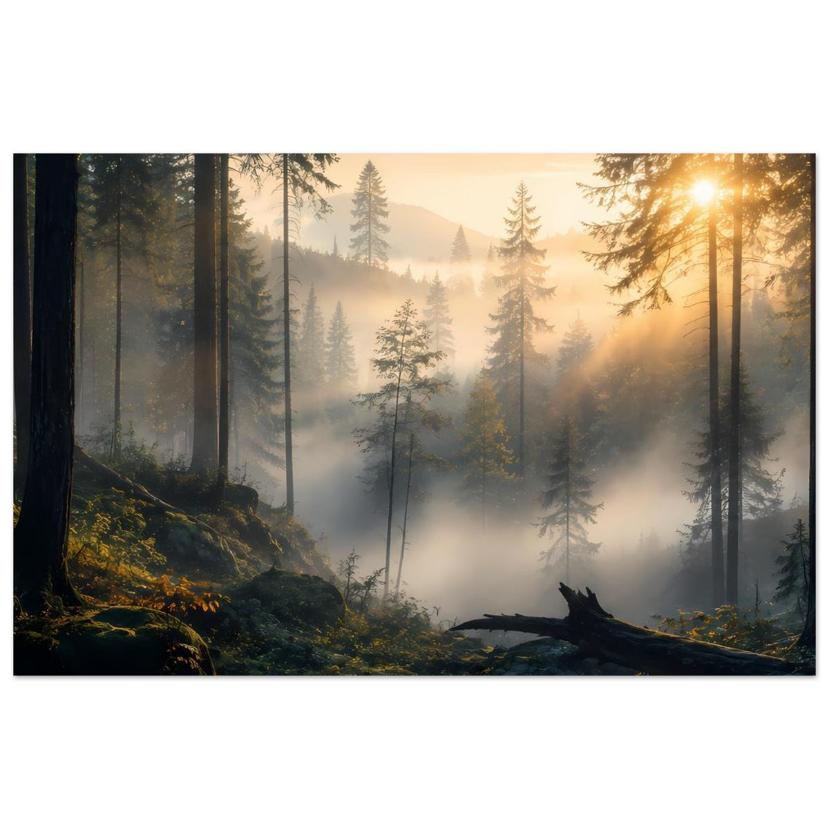 Wandposter Panorama-Fichtenwald bei Sonnenaufgang, Nebel und dunkler Baumstamm-Silhouette