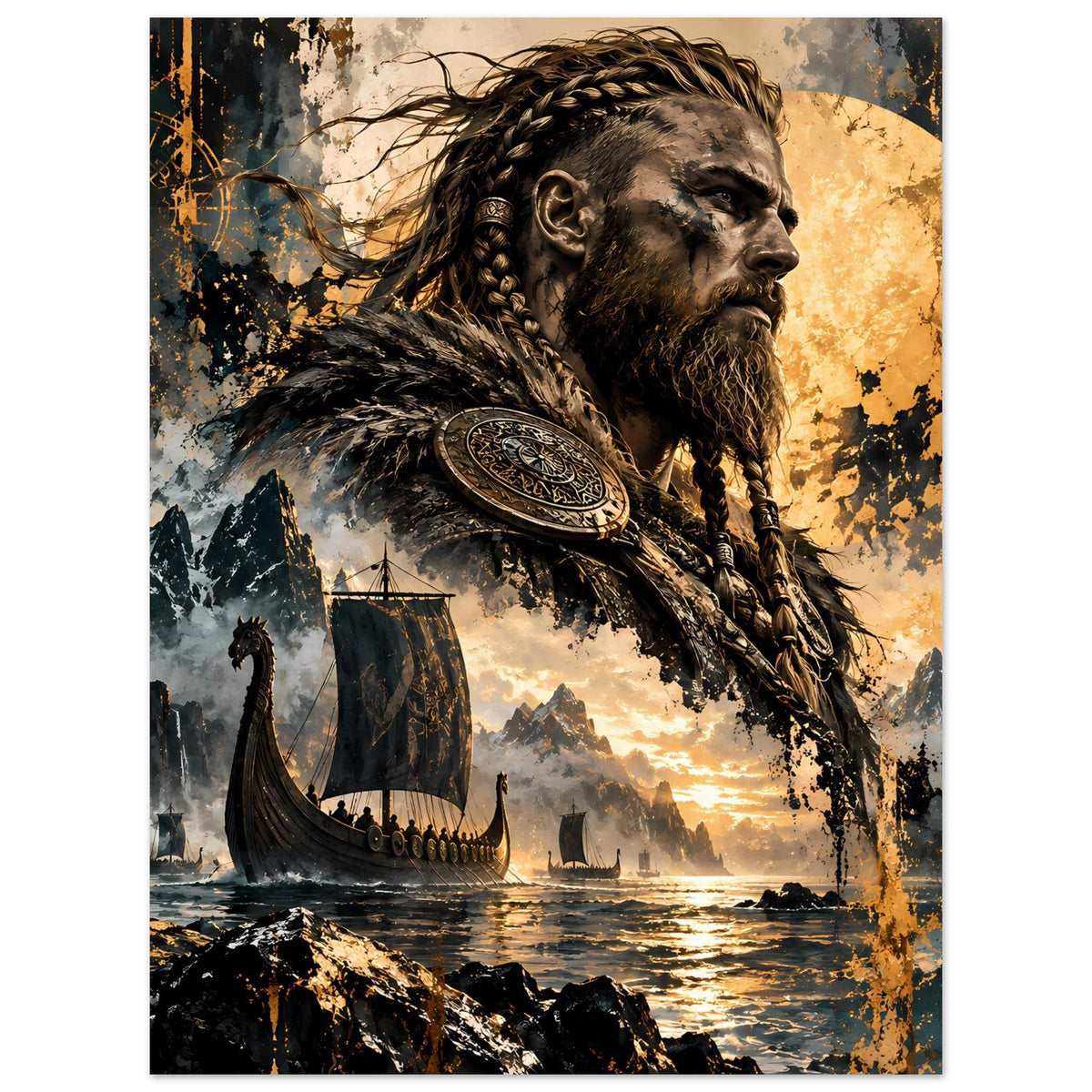 Poster im Hochformat: Viking-Kriegerprofil mit Schnurrbart und Bart, Schild mit Ornamen