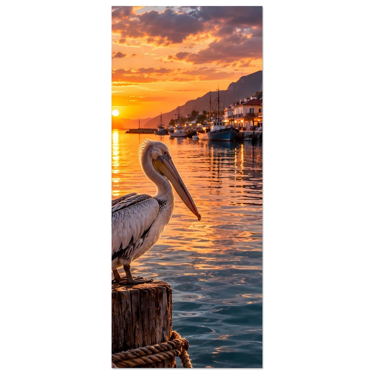 Premium-Poster, vertikal: Pelikan auf Holzpfahl am Hafen bei Sonnenuntergang