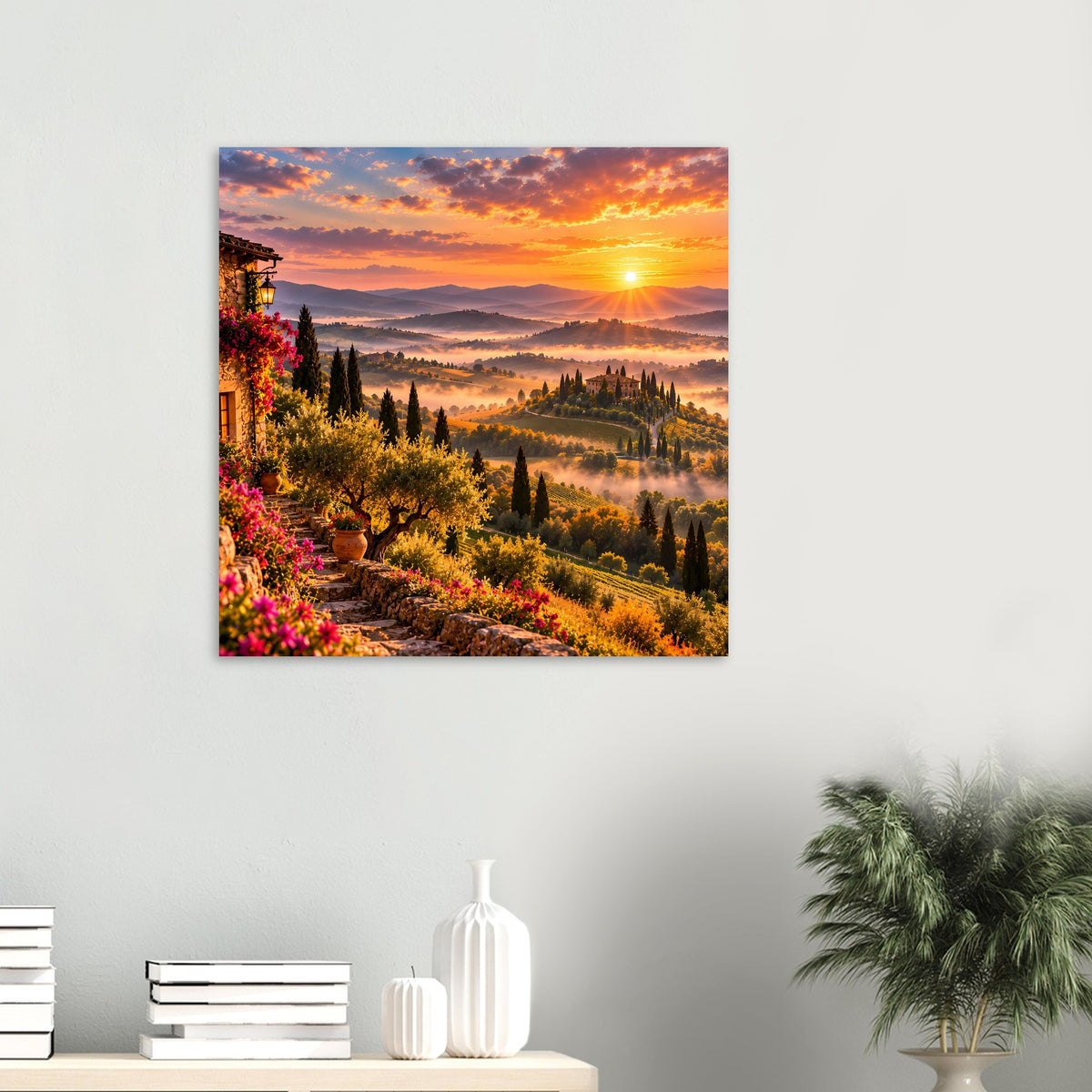 Kleiner Querformat-Posterdruck mit warmem Sonnenuntergang über Hügeln, Zypressen und Nebel