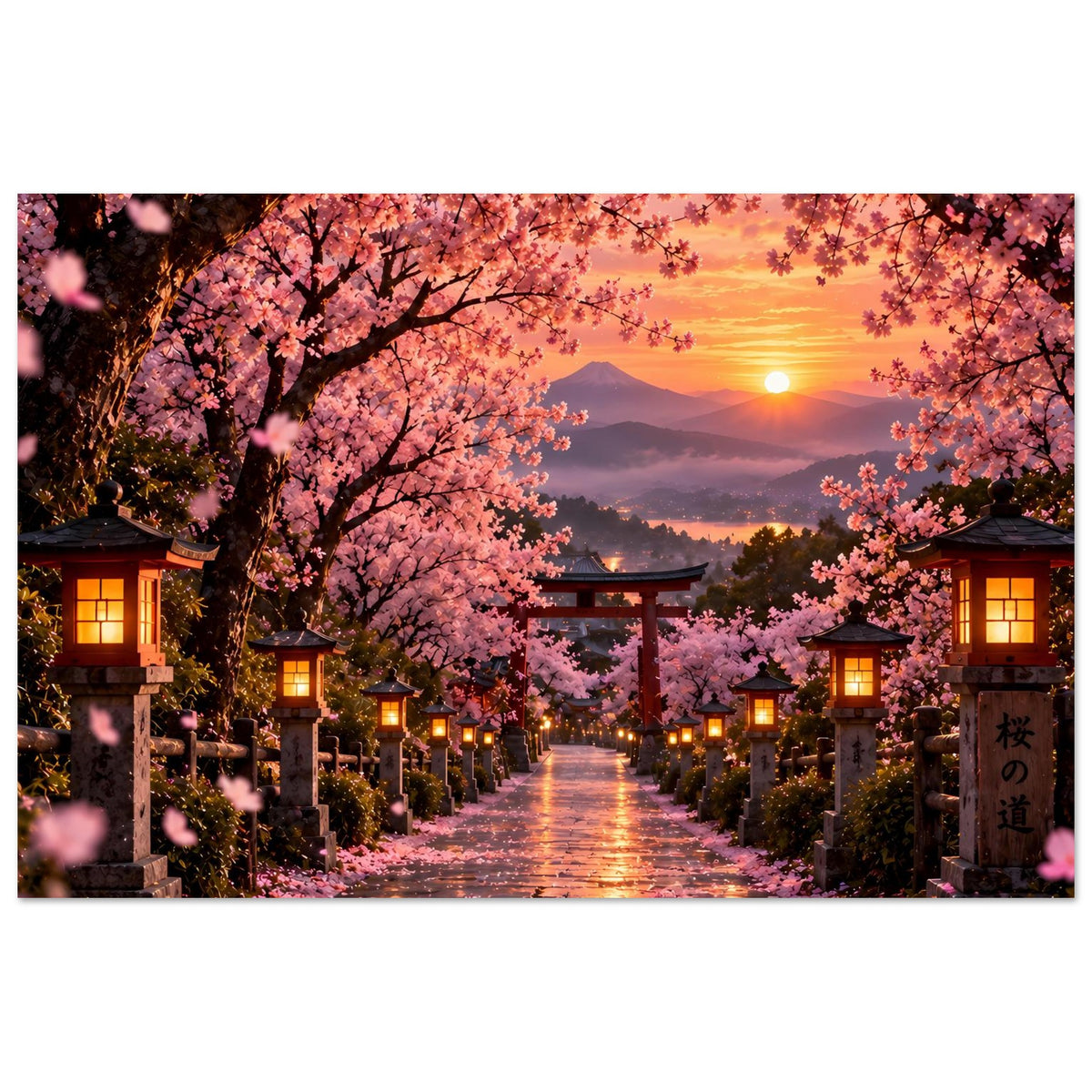 Sakura-Poster mit Wegpflaster, Torii und Laternen, rosa Kirschblüten im Abendlicht