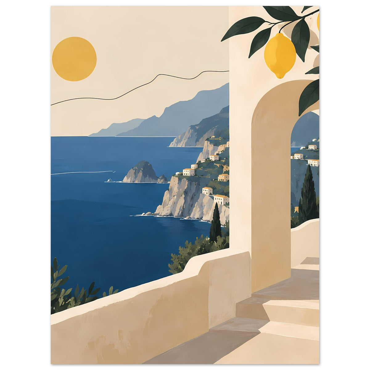 Mediterranes Landschaftsposter: Meerblick, Felsklippen und rechter Balkonbogen mit Zitronen
