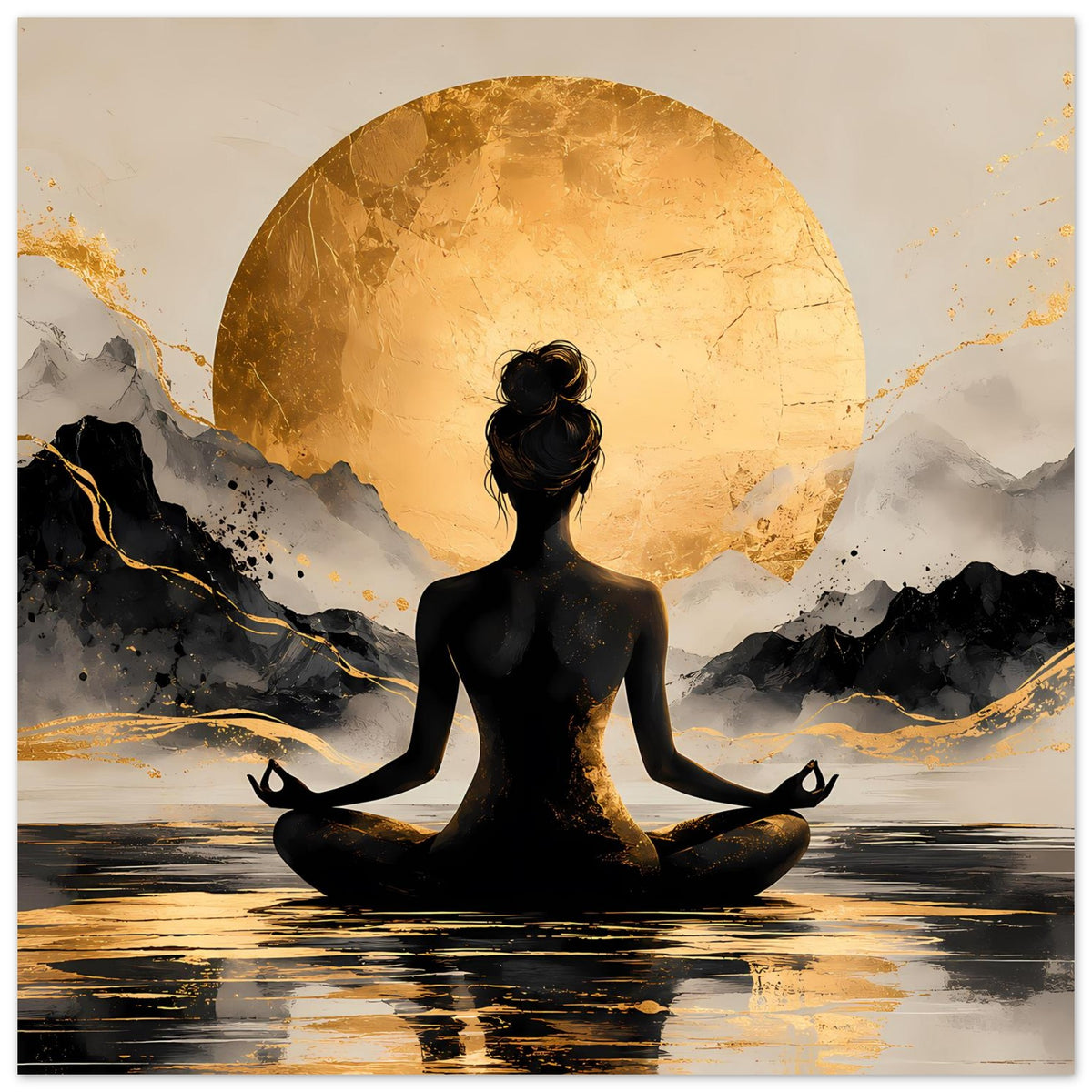 Poster im Hochformat mit sitzender Meditationsfigur, goldener Sonne, Felsen und Wasserfläche