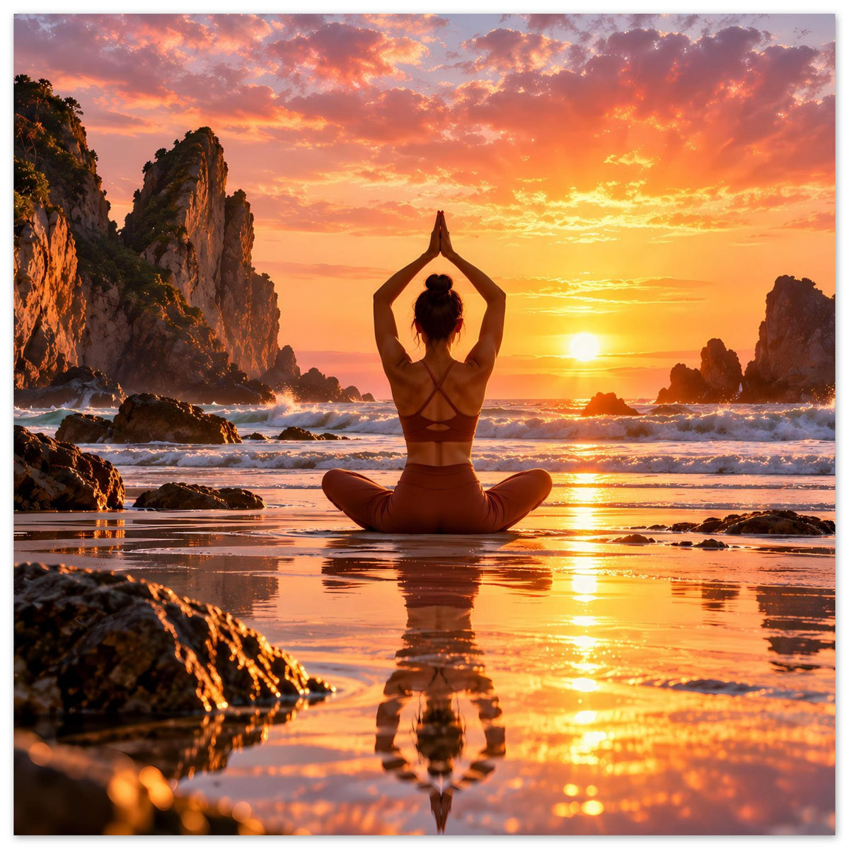 Yoga-Poster: Person im Lotussitz, weitläufige Küste mit Felsen und Sonnenuntergangshimmel