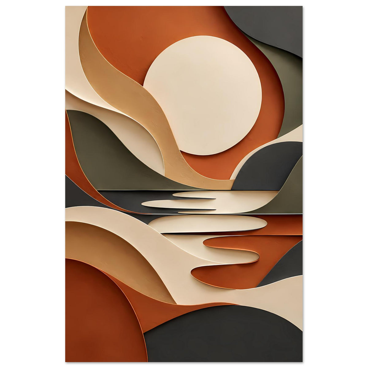 Kunstposter mit überlappenden Bögen und Kreisformen in Terrakotta, Salbeigrün und Beige
