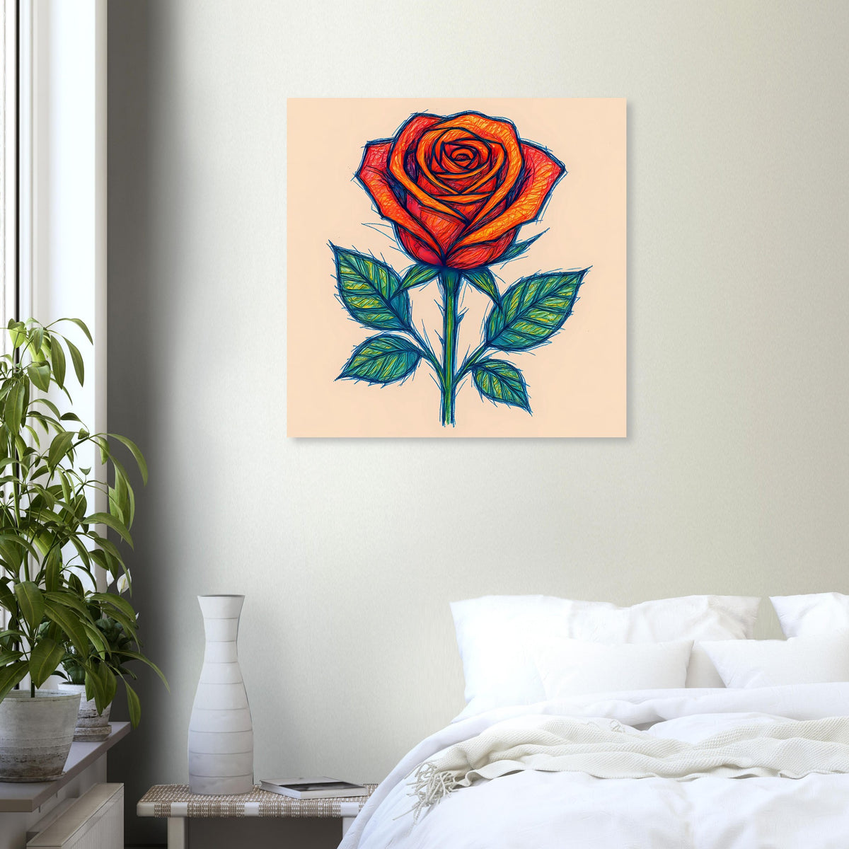 Rosenposter mit orange-roter Skizzenrose, grünen Blättern und beigem Grundton