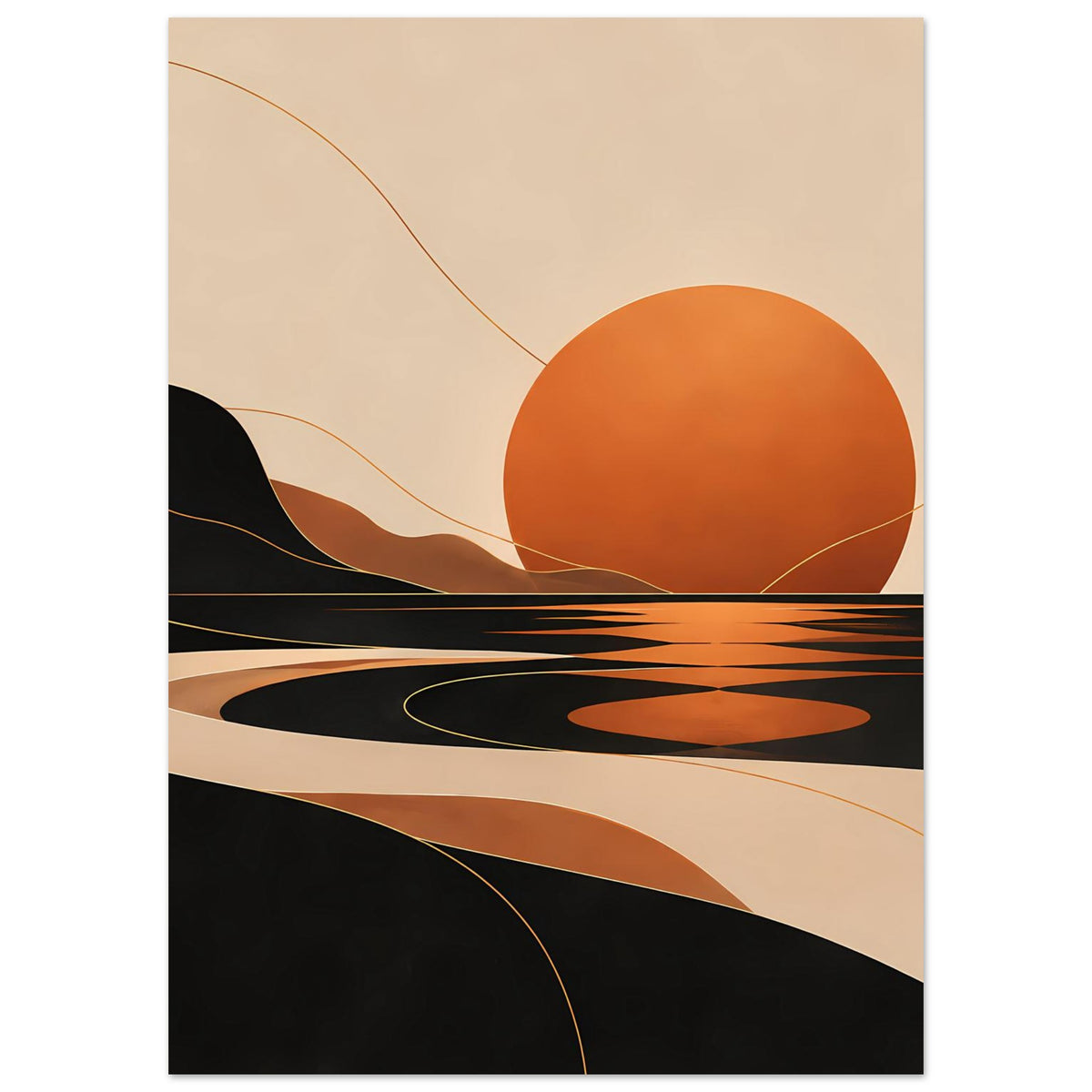 Kunstposter im Hochformat: orange Sonne, dunkle Hügel und horizontale Farbbänder im Erdstil