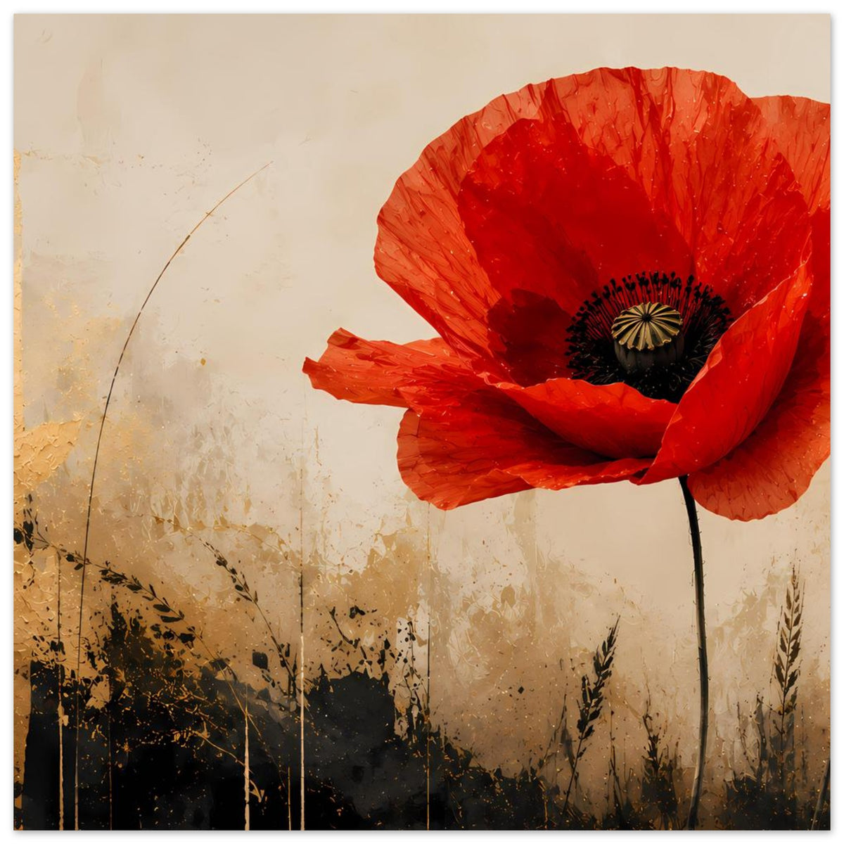 Poster mit roter Mohnblume, großer Blütenkopf und Stiel, dunkler Kern im Fokus