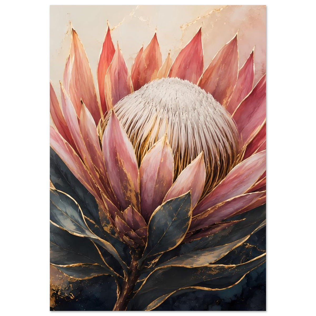 Botanisches Poster mit Königsprotea in Altrosa und Gold, Blütenkopf und lange Blütenblätter