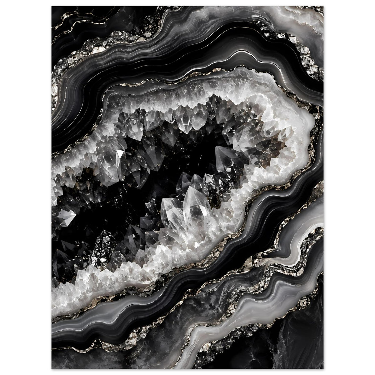 Wandposter mit Geoden-Optik: schwarze und weiße Kristalle, goldene Glanzakzente